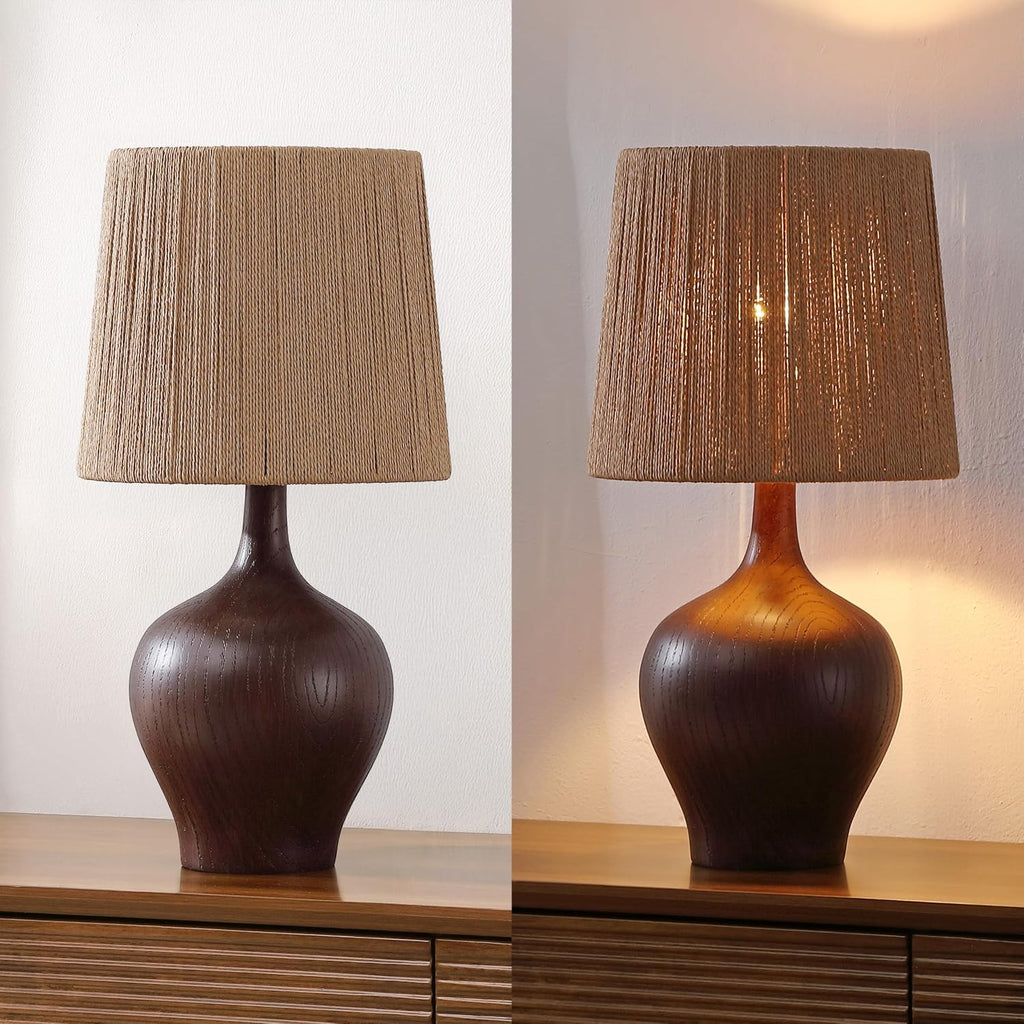 JONATHAN Y 23' Dark Brown Wood Finish Rustic Farmhouse Resin Gourd LED Table Lamp for Bedroom, Living Room, Nightstand, with Brown Paper Rope Shade, LED Bulb Included (JYL9200B)