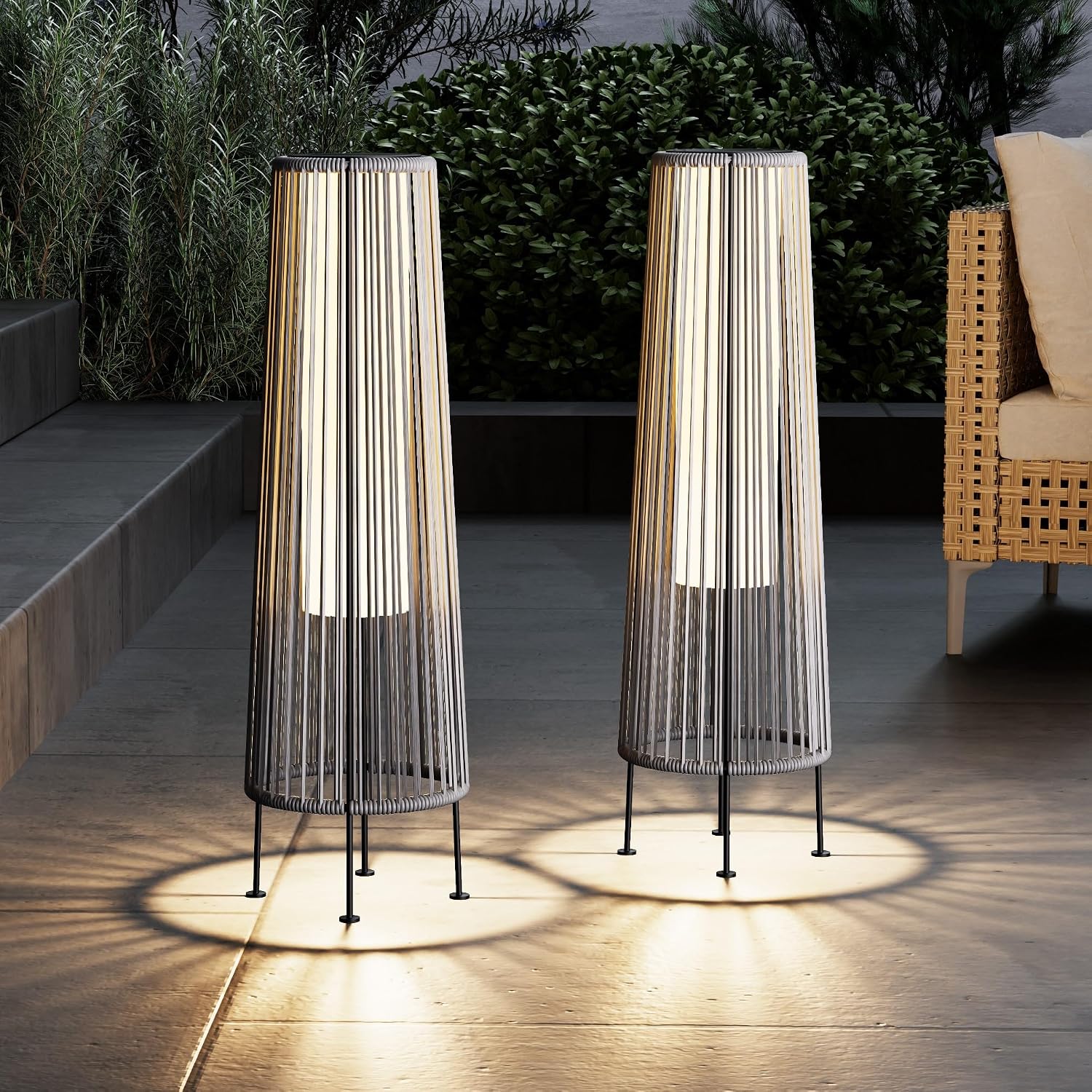 Grand patio Outdoor Floor Solar Light 2-Pack, Wicker Solar Patio Lamp Waterproof Outside Deck Lamp for Porch, Yard, Garden, Lawn Decorations - Gray, Gordes 2 PCS