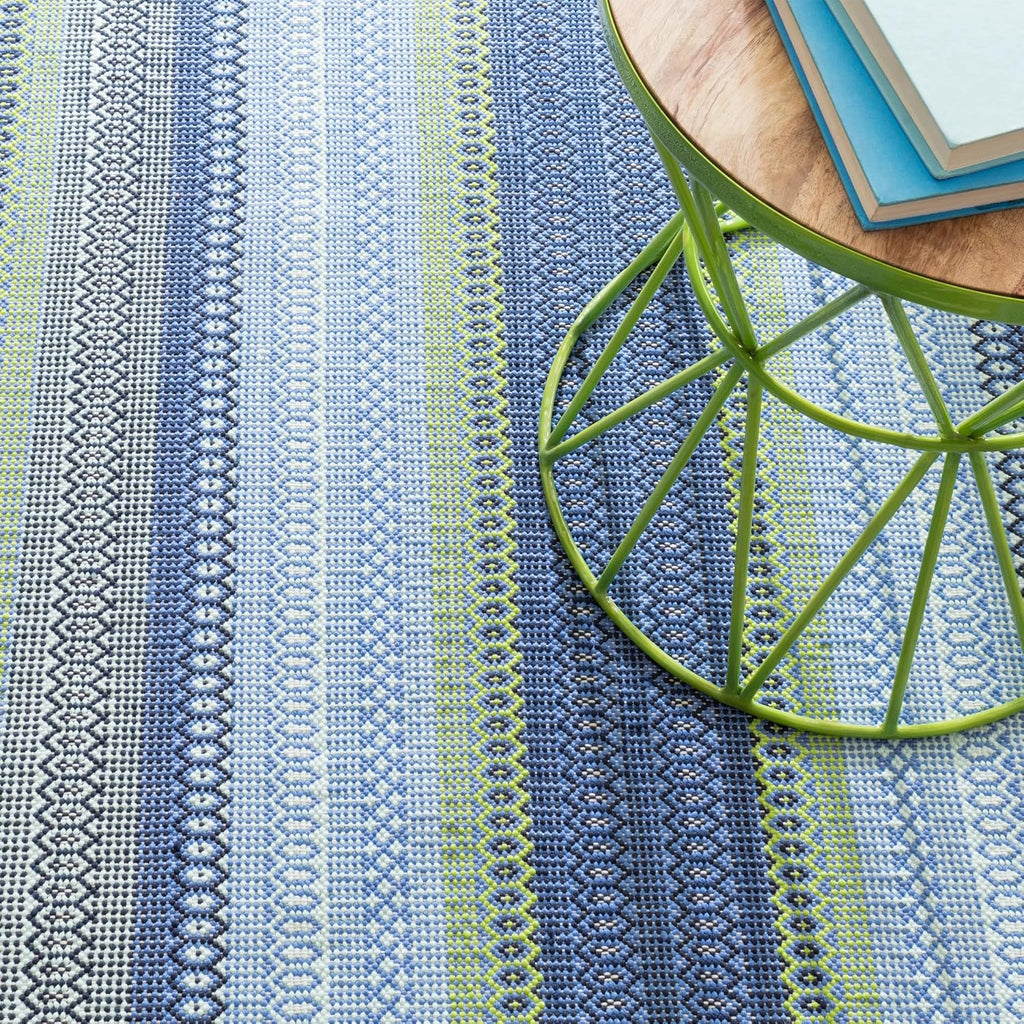 Dash & Albert Fiesta Stripe French Blue/Green Handwoven Indoor/Outdoor Rug, 2.5 X 12 Feet, Multicolored Stripe Pattern