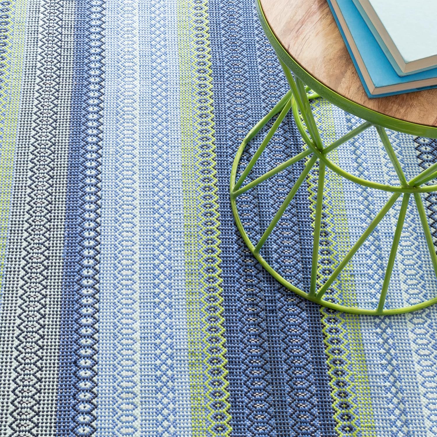 Dash & Albert Fiesta Stripe French Blue/Green Handwoven Indoor/Outdoor Rug, 2.5 X 12 Feet, Multicolored Stripe Pattern