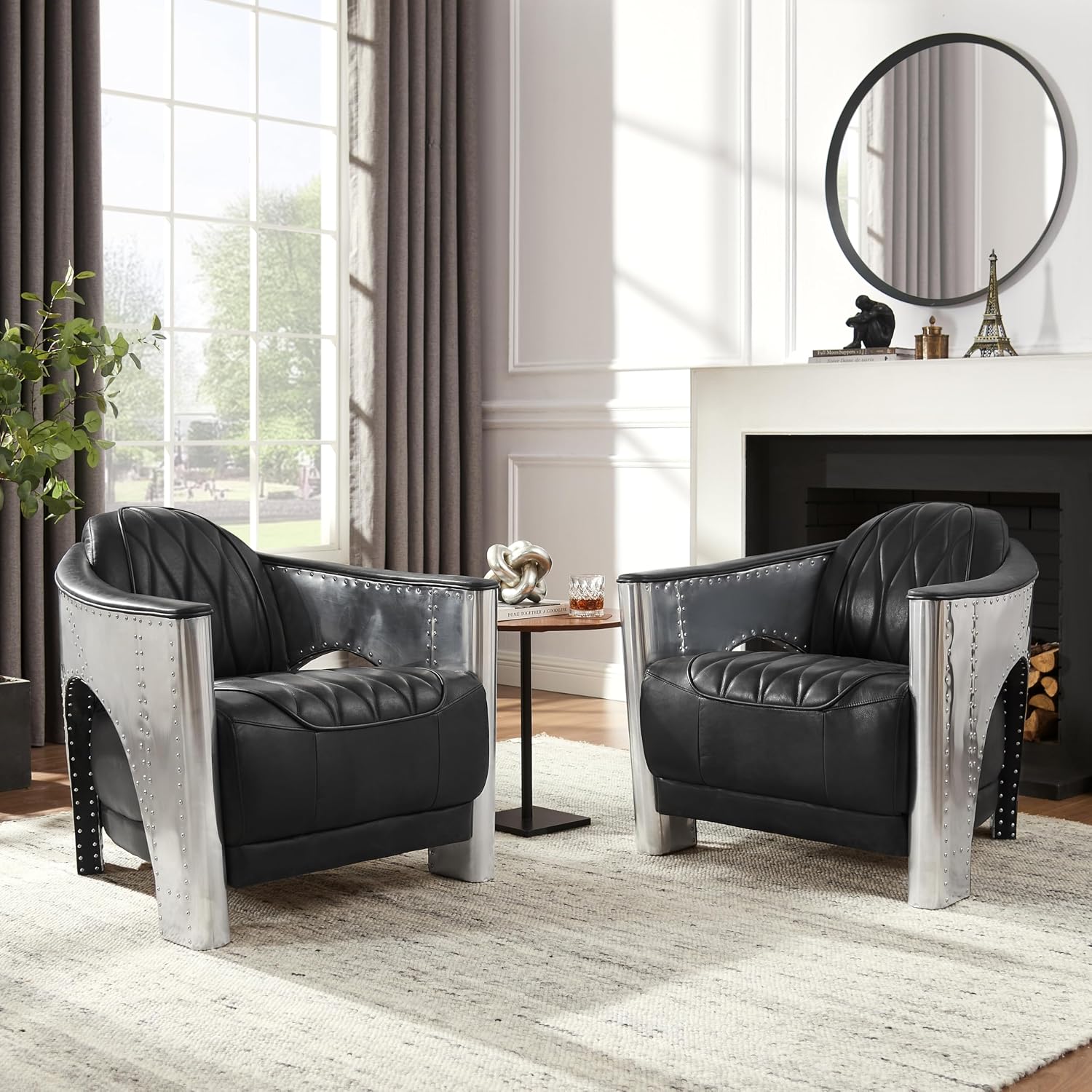 Zouron Vintage Leather Accent Chair, Upholstered Living Room Chair with Aluminum Legs and Handcrafted Rivets, Genuine Leather Single Sofa Chair Barrel Aviator Chair, Black