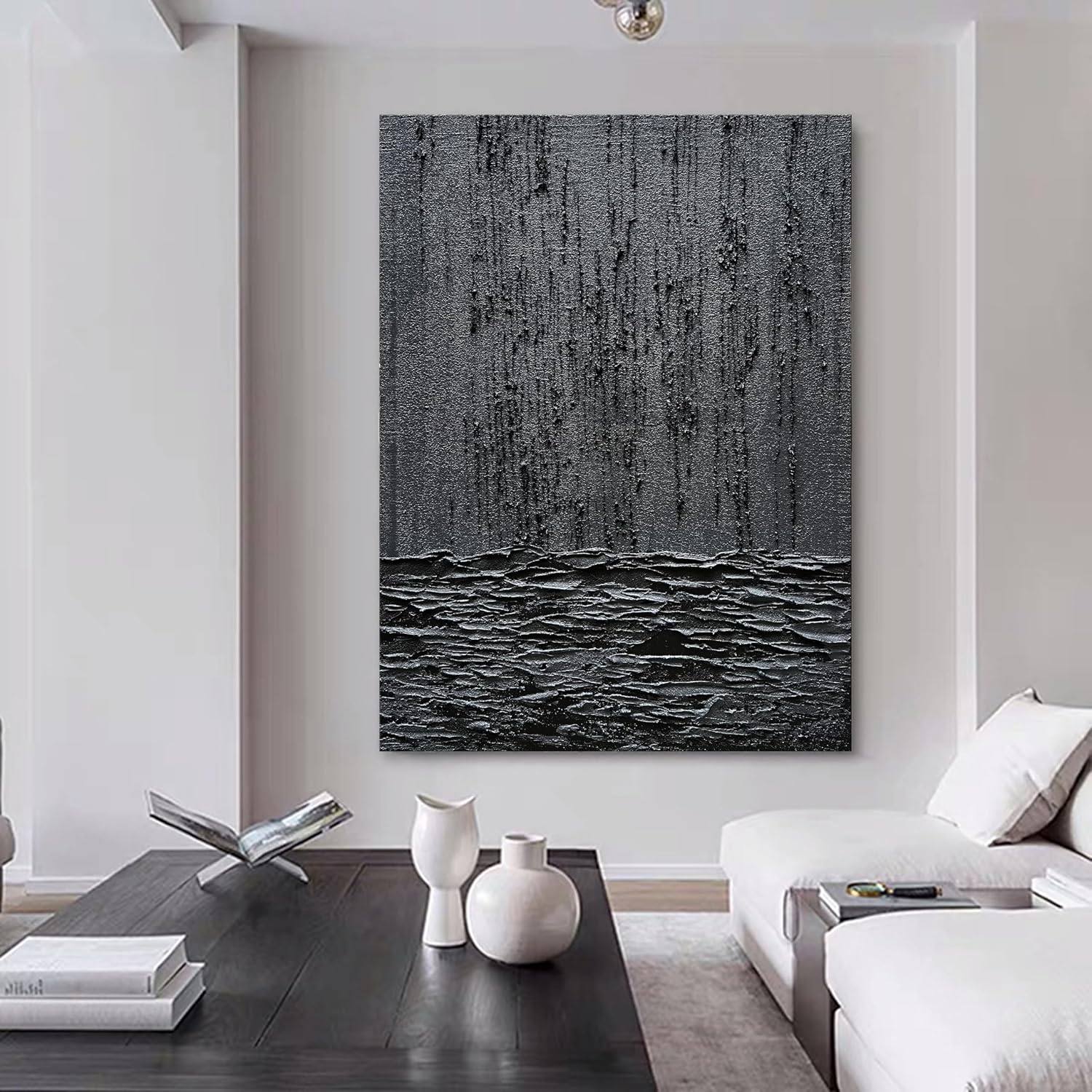 NANKAI Art Hand-Painted Thick Texture Black Minimalist Oil Painting 45x30 Inch Wall Decorative Art