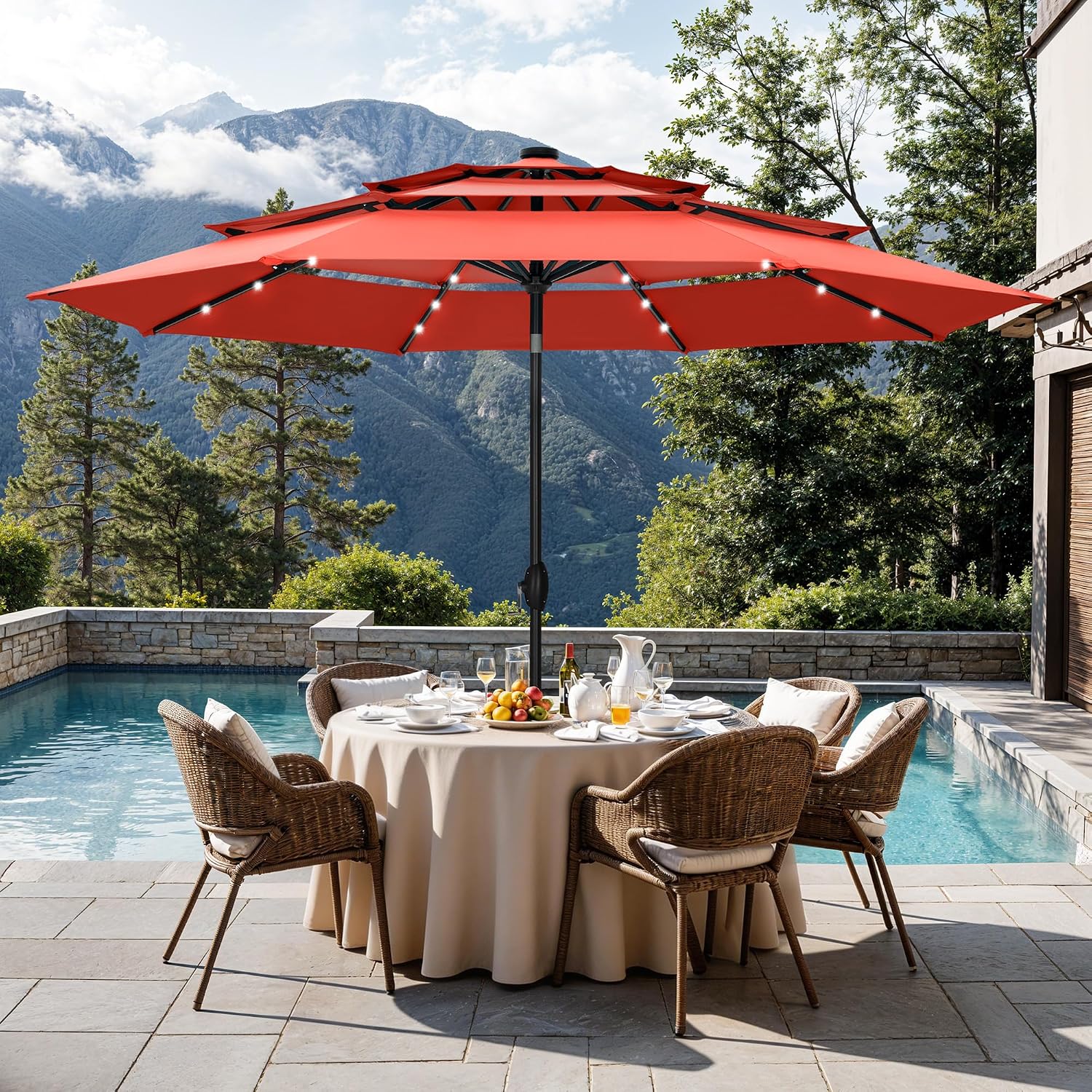 Sophia & William 10ft Patio Umbrellas 3-Tier Umbrella Outdoor Patio Umbrellas with Lights Vented Top 24 LED lights Adjustable Tilt for Pool Garden Backyard, Red