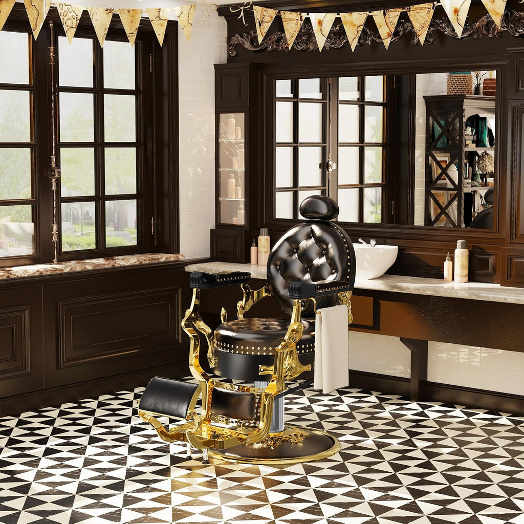 Baasha Black & Gold Retro Barber Chair, Heavy-Duty Reclining Salon Chair with Stylish Rivet Trim, Thick Cushion & Adjustable Headrest, 550 lbs Support