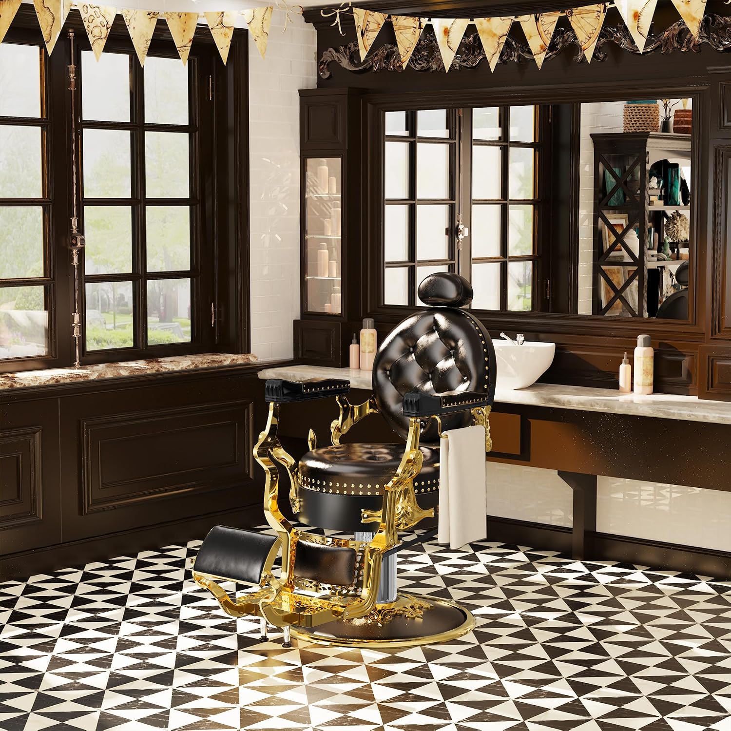 Baasha Black & Gold Retro Barber Chair, Heavy-Duty Reclining Salon Chair with Stylish Rivet Trim, Thick Cushion & Adjustable Headrest, 550 lbs Support