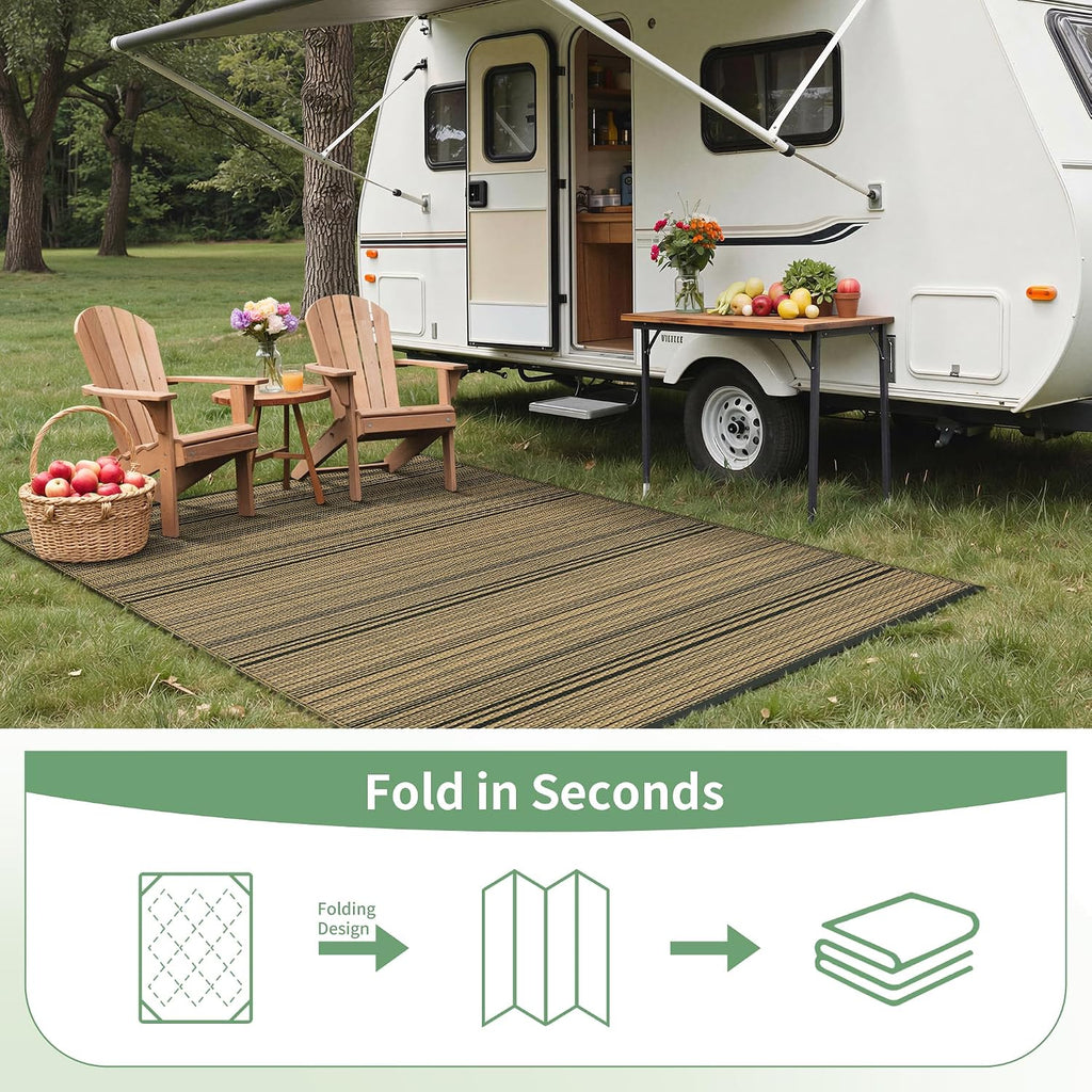 GENIMO Outdoor Rug 10x14 ft Waterproof, Reversible Plastic Straw Patio Rug for RV Camping Mat, Deck, Backyard Balcony Mat - Lightweight & Easy to Clean, BlackBrown