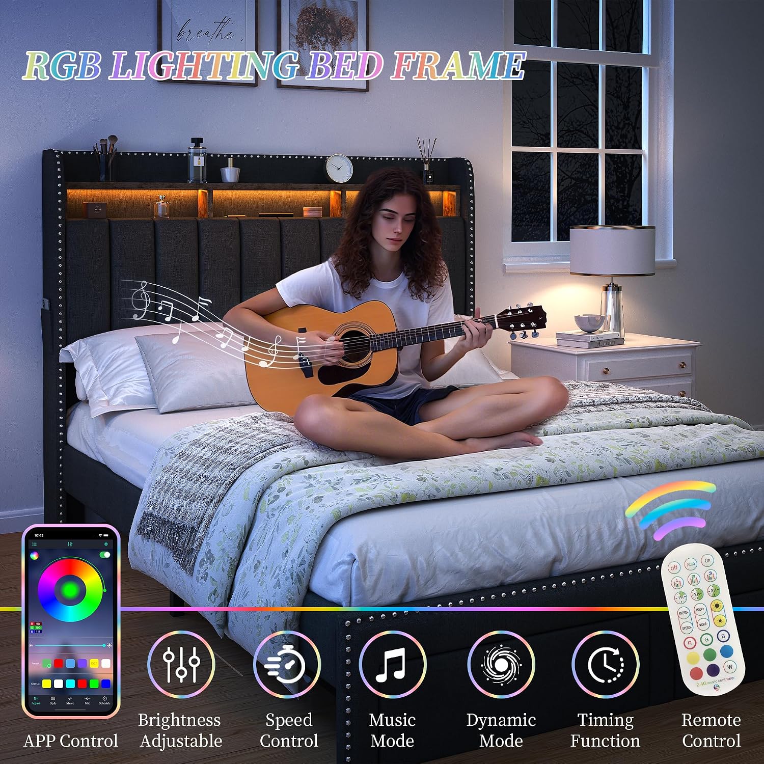 SIBEDS Full LED Bed Frame with 2 Drawers, Upholstered Platform Bed with 2 Tier Storage Wingback Headboard, Linen Channel Tufted Bedframe with Rivet Decor, No Box Spring Needed, Dark Gray
