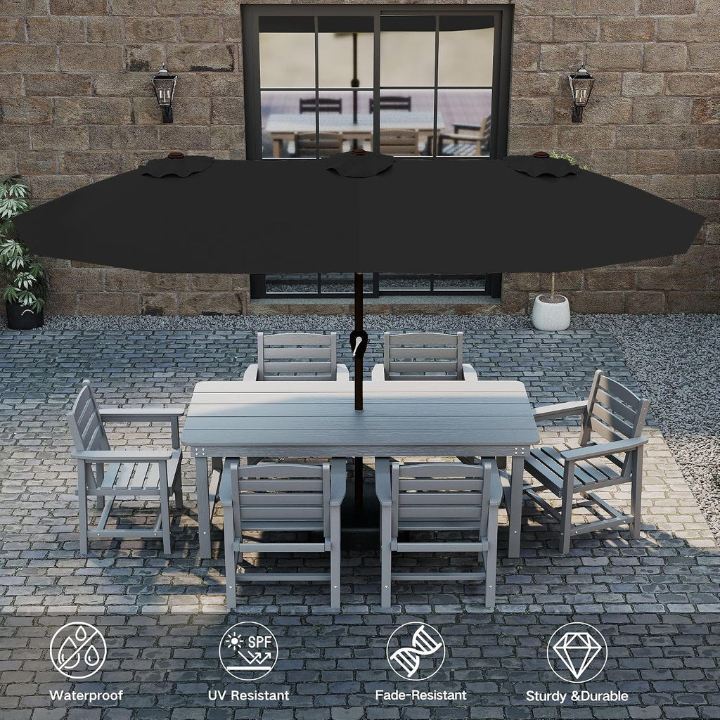 Kingdura 15ft Large Patio Umbrella with Solar Lights, Double-Sided Rectangle Lighted Outdoor Table Umbrella with Base Included, 12 Reinforced Ribs, 48 Led Lights, Crank Lift for Market Pool Deck Backyard, Black