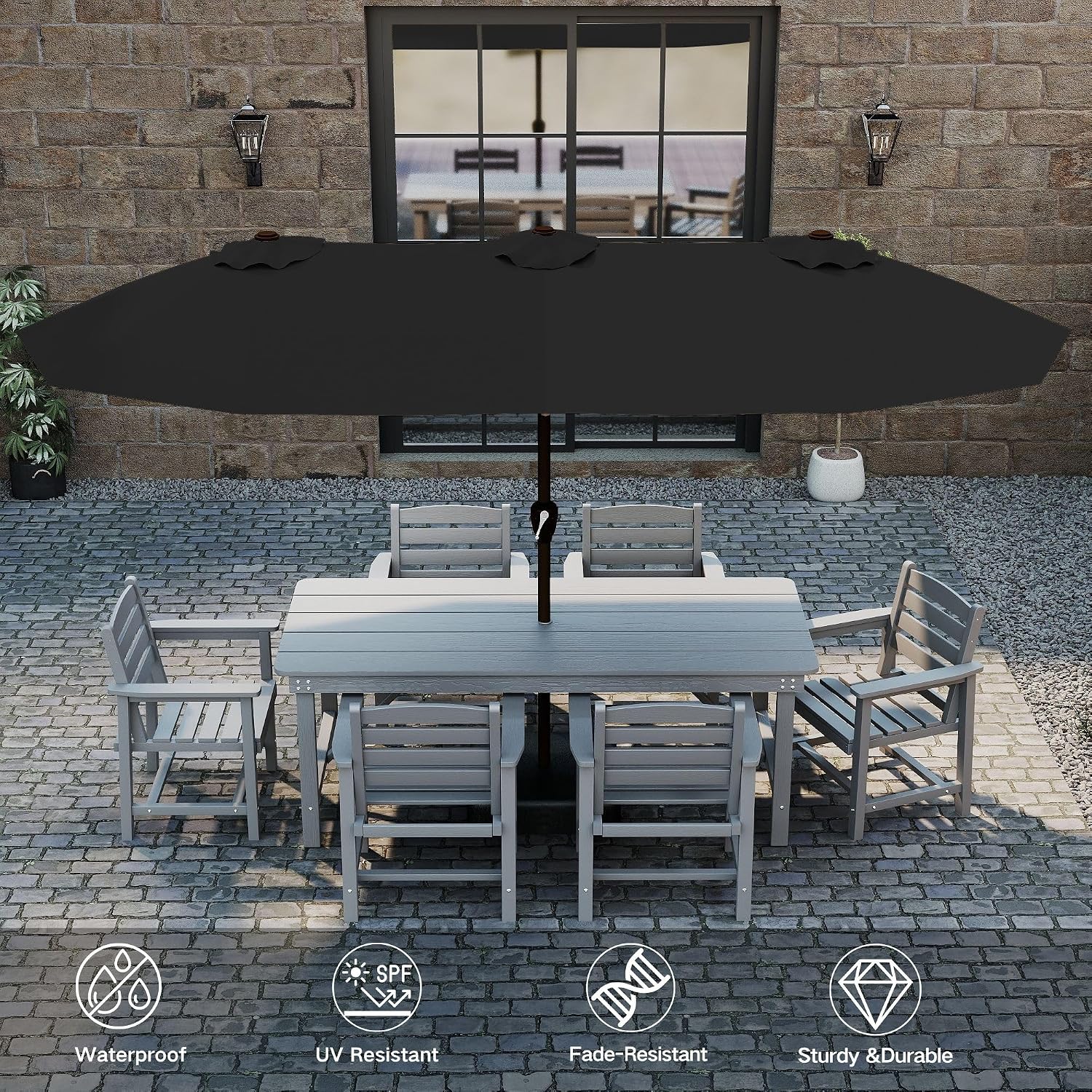 Kingdura 15ft Large Patio Umbrella with Solar Lights, Double-Sided Rectangle Lighted Outdoor Table Umbrella with Base Included, 12 Reinforced Ribs, 48 Led Lights, Crank Lift for Market Pool Deck Backyard, Black