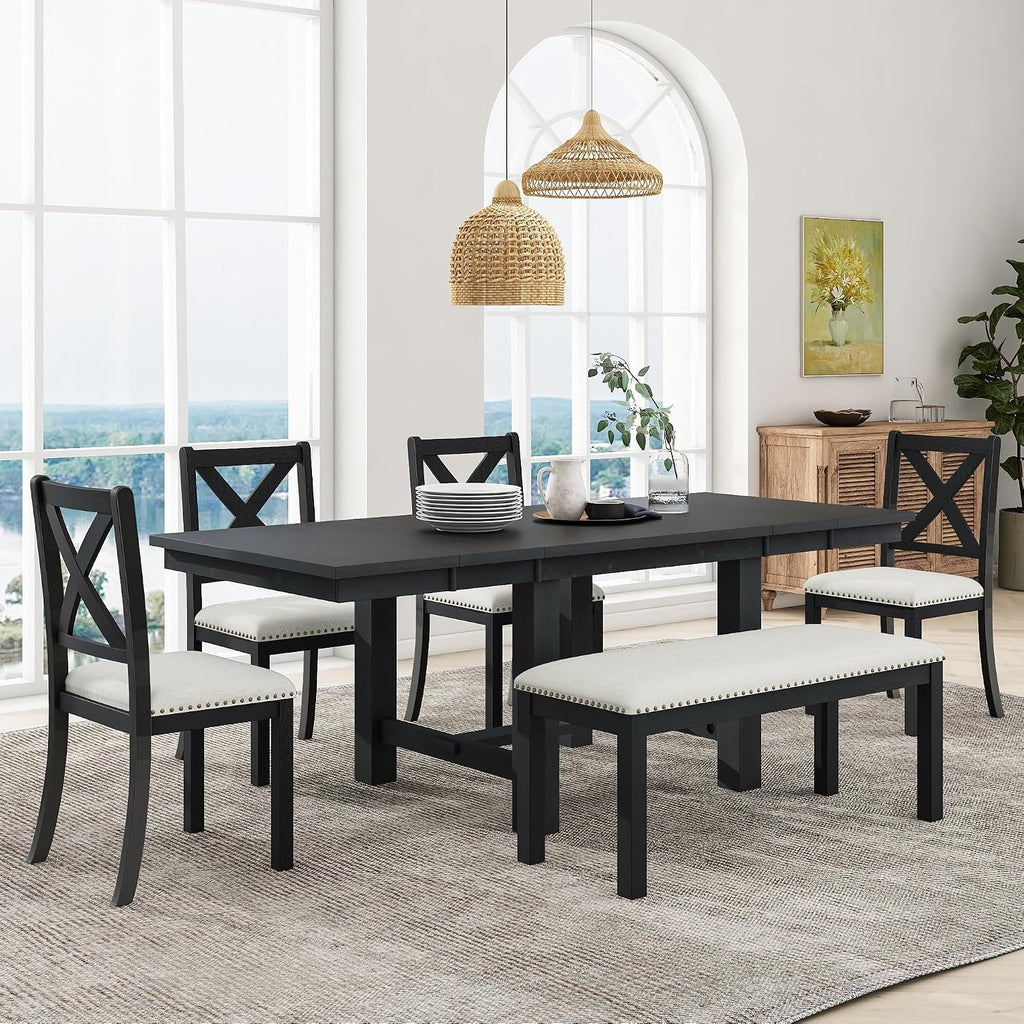 Farmhouse 6-Piece Extendable Dining Room Table Sets, Acacia Wood 82'' Dining Table with 2 Removable Leaf and Upholstered Dining Chairs& Bench, Soft Cushion with Rivet (Black+WT)