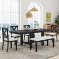 Farmhouse 6-Piece Extendable Dining Room Table Sets, Acacia Wood 82'' Dining Table with 2 Removable Leaf and Upholstered Dining Chairs& Bench, Soft Cushion with Rivet (Black+WT)
