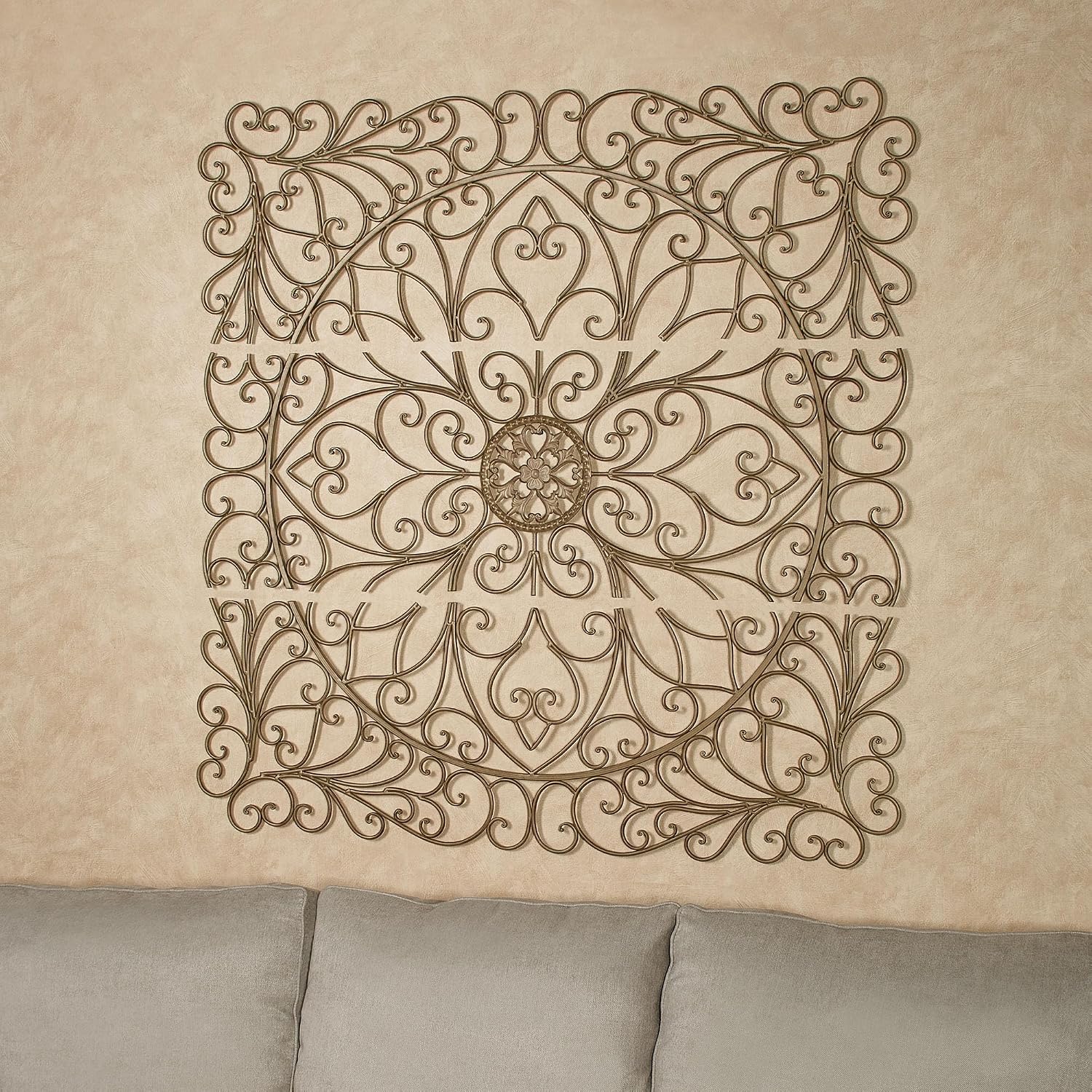 Brynnley Medallion Metal Wall Art Antique Gold | Set of Three | Square Shape | Painted by Hand | Hanging Decor for Above Couch, Bed, Living Room