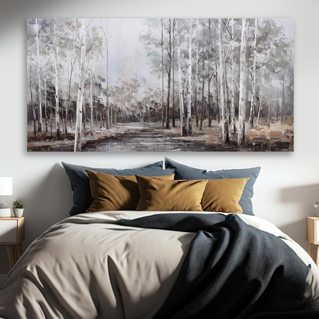 White Birch Tree Wall Art Grey Forest Painting Abstract Canvas Art Landscape Panoramic Picture Nature Artwork Framed for Living Room Bedroom Dinning Room Home Office Wall Decor 59'x28'
