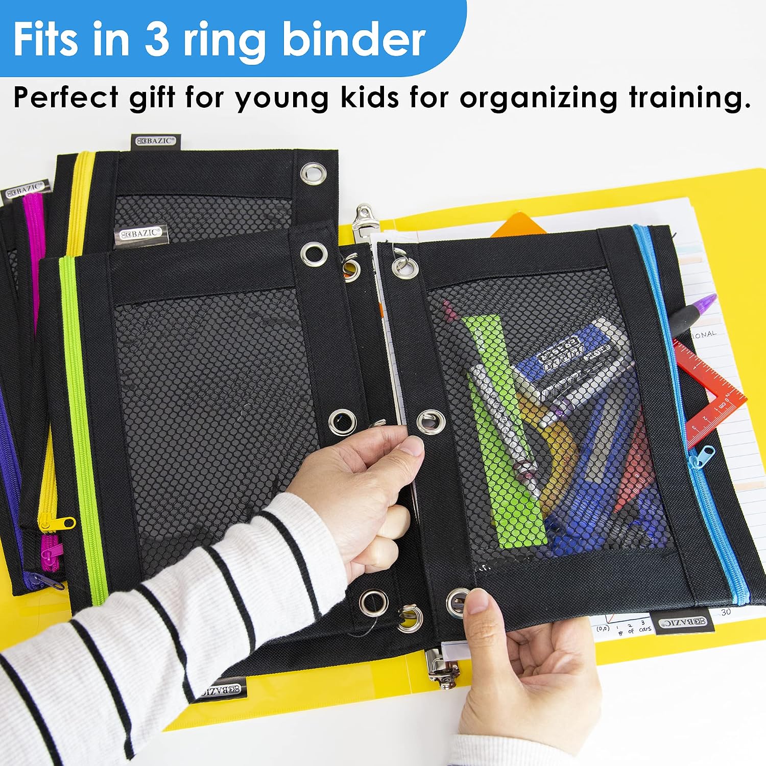 BAZIC Products Pencil Pouch 3 Ring Binder Pouch w/Rivet Enforced Rings Holes, Neon Black Color Mesh Window Zipper Pouches, 144-Pack