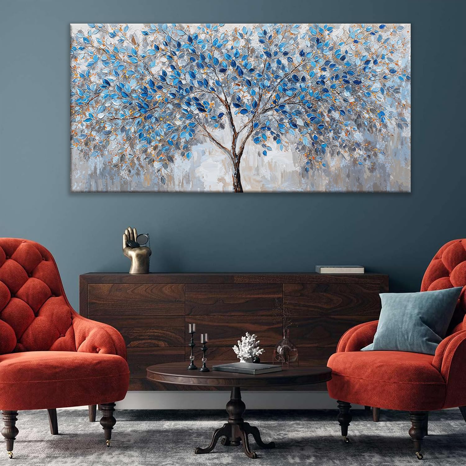 Large Wall Art For Living Room Blue White Tree Leaves Artwork Decor Modern Wall Art For Office Bedroom Kitchen Canvas Prints Decor Ready To Hang 29x58 Inch