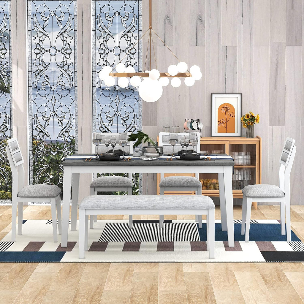 Rustic Farmhouse 6-Piece Kitchen Dining Table Set, Solid Wood Dining Room Set of 6, Classic 60'' Rectangular Table with 4 Upholstered Padded Chairs and Bench (White-3)