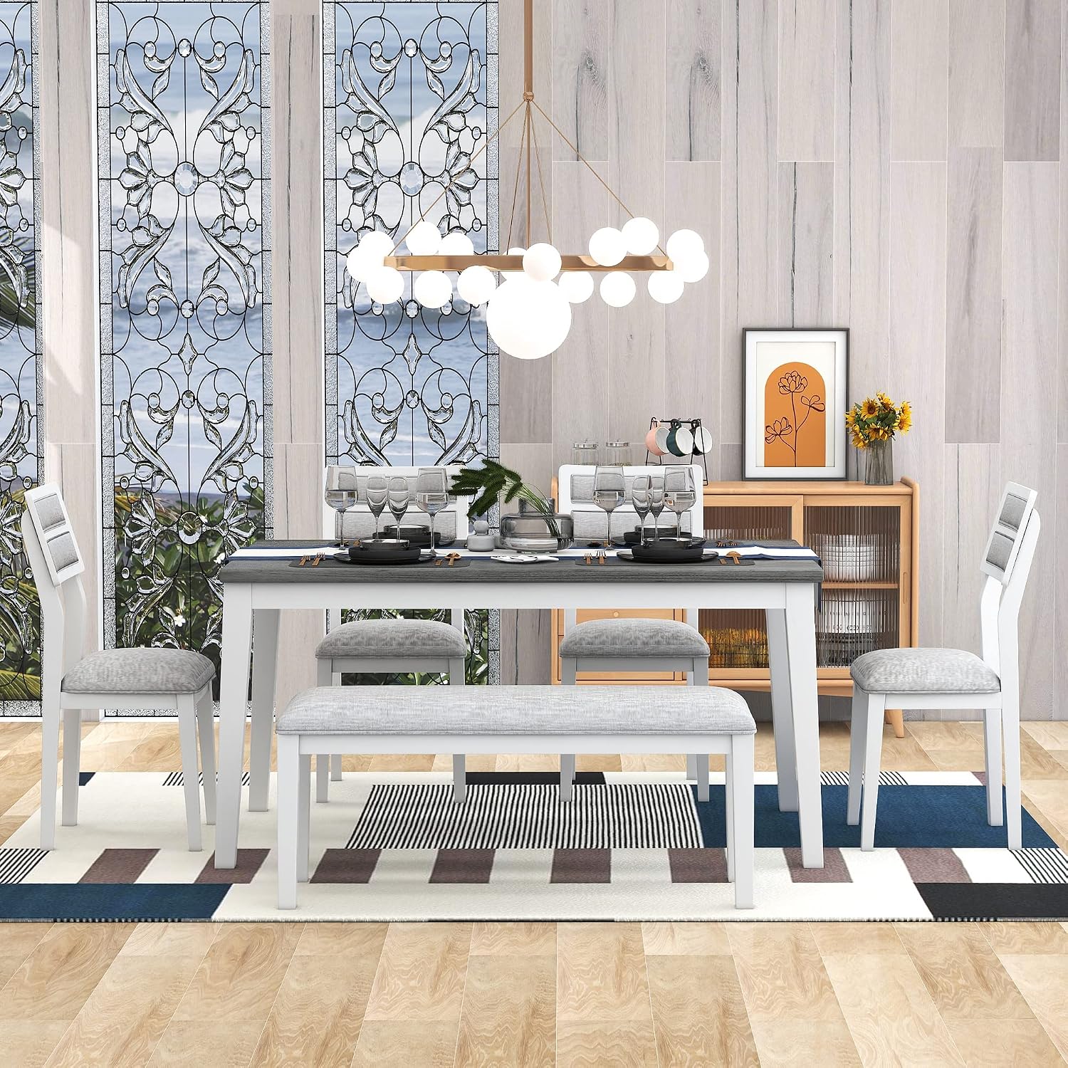 Rustic Farmhouse 6-Piece Kitchen Dining Table Set, Solid Wood Dining Room Set of 6, Classic 60'' Rectangular Table with 4 Upholstered Padded Chairs and Bench (White-3)