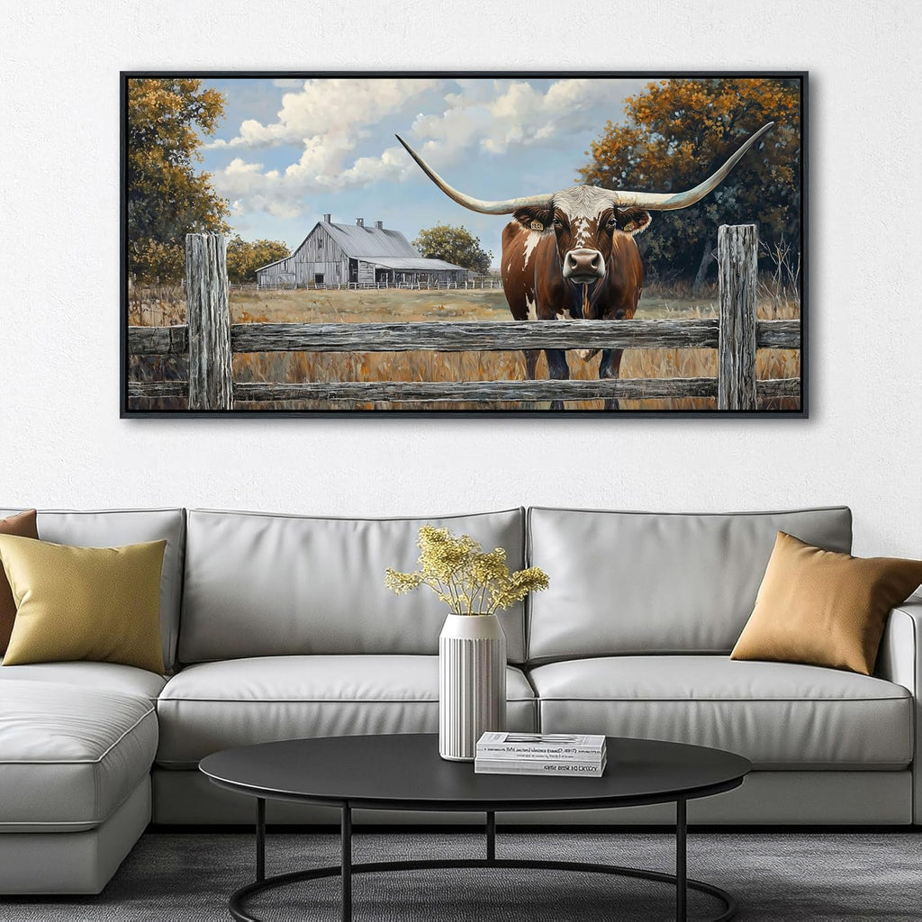 XLSJERST Rustic Wall Decor Poster 48x24 Inches - Longhorn Picture Farm Artwork Canvas Picture Brown Cow Wall Art for Living Room Guest Bath Decoration