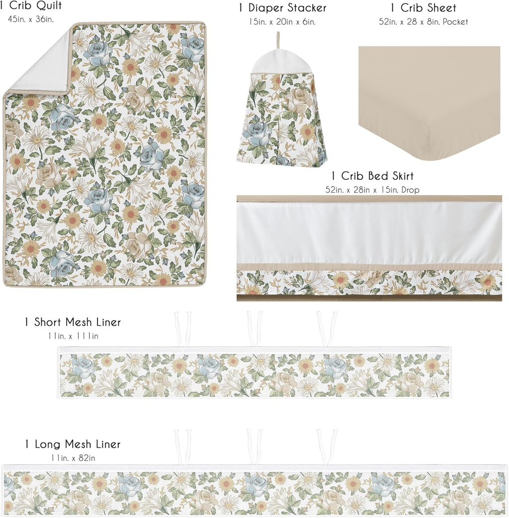 Sweet Jojo Designs 6-Piece Baby Crib Bedding Set (Blue/Yellow Vintage Floral) for Girls, Infants/Nursery incl. BreathableBaby Mesh Liner Blanket, Fitted Sheet, Skirt, Diaper Stacker (Boho Shabby Chic)