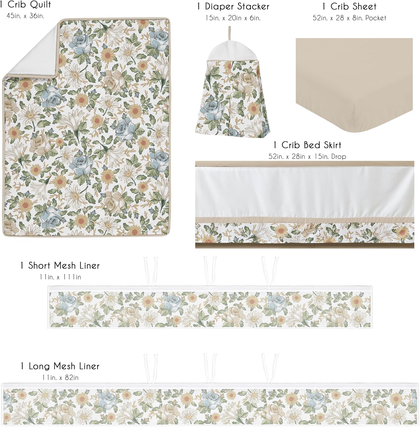 Sweet Jojo Designs 6-Piece Baby Crib Bedding Set (Blue/Yellow Vintage Floral) for Girls, Infants/Nursery incl. BreathableBaby Mesh Liner Blanket, Fitted Sheet, Skirt, Diaper Stacker (Boho Shabby Chic)