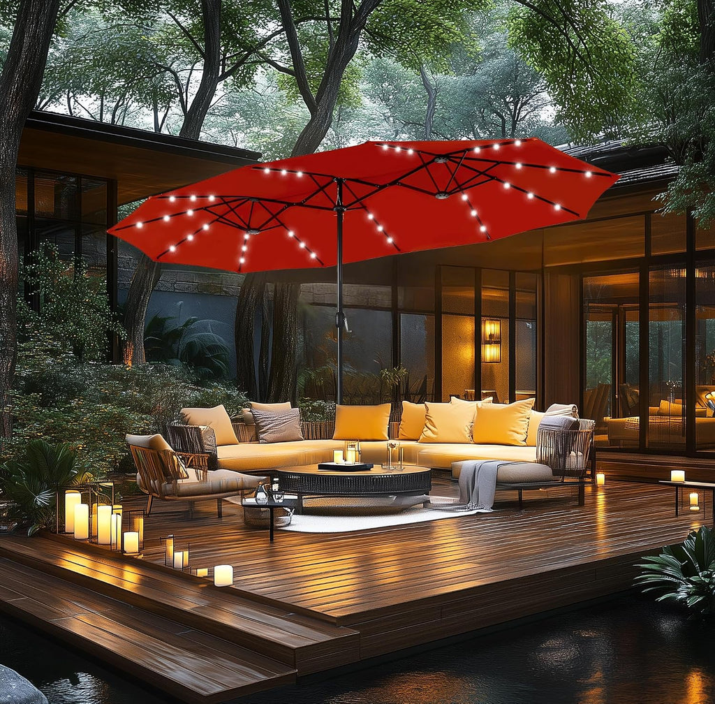 MFSTUDIO 15ft Patio Umbrella with Solar Lights, Outdoor Large Rectangular Umbrellas with Base, Crank Handle and 36 LED Lights for Yard Deck Pool, Burgundy Red