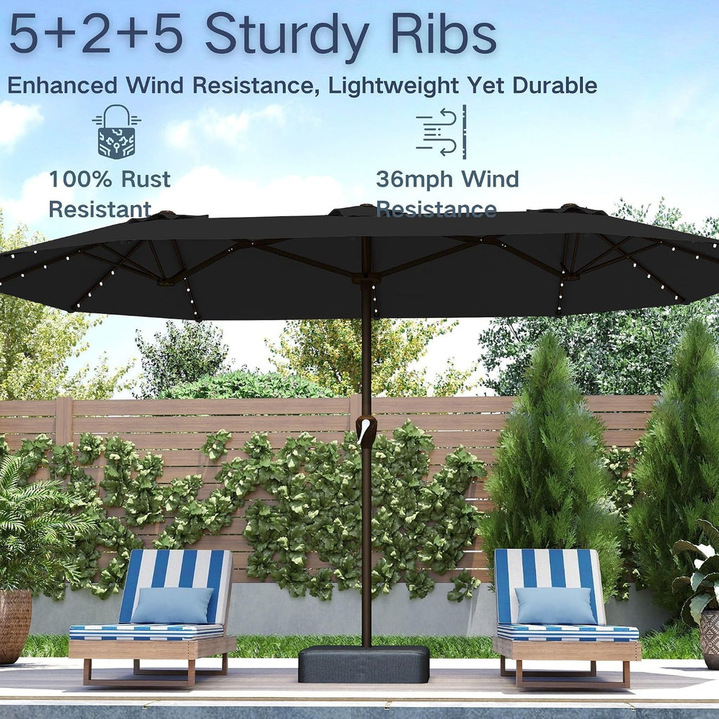 Kingdura 15ft Large Patio Umbrella with Solar Lights, Double-Sided Rectangle Lighted Outdoor Table Umbrella with Base Included, 12 Reinforced Ribs, 48 Led Lights, Crank Lift for Market Pool Deck Backyard, Black