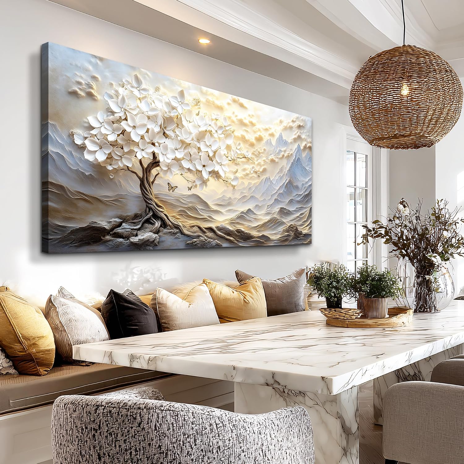 XIGUANGART Large Canvas Wall Art Mountain Landscape Farmhouse Floral Paintings Modern Abstract Artwork for Walls White Tree of Life Pictures for Living Room Bedroom Dining Room Office Home Wall Decor