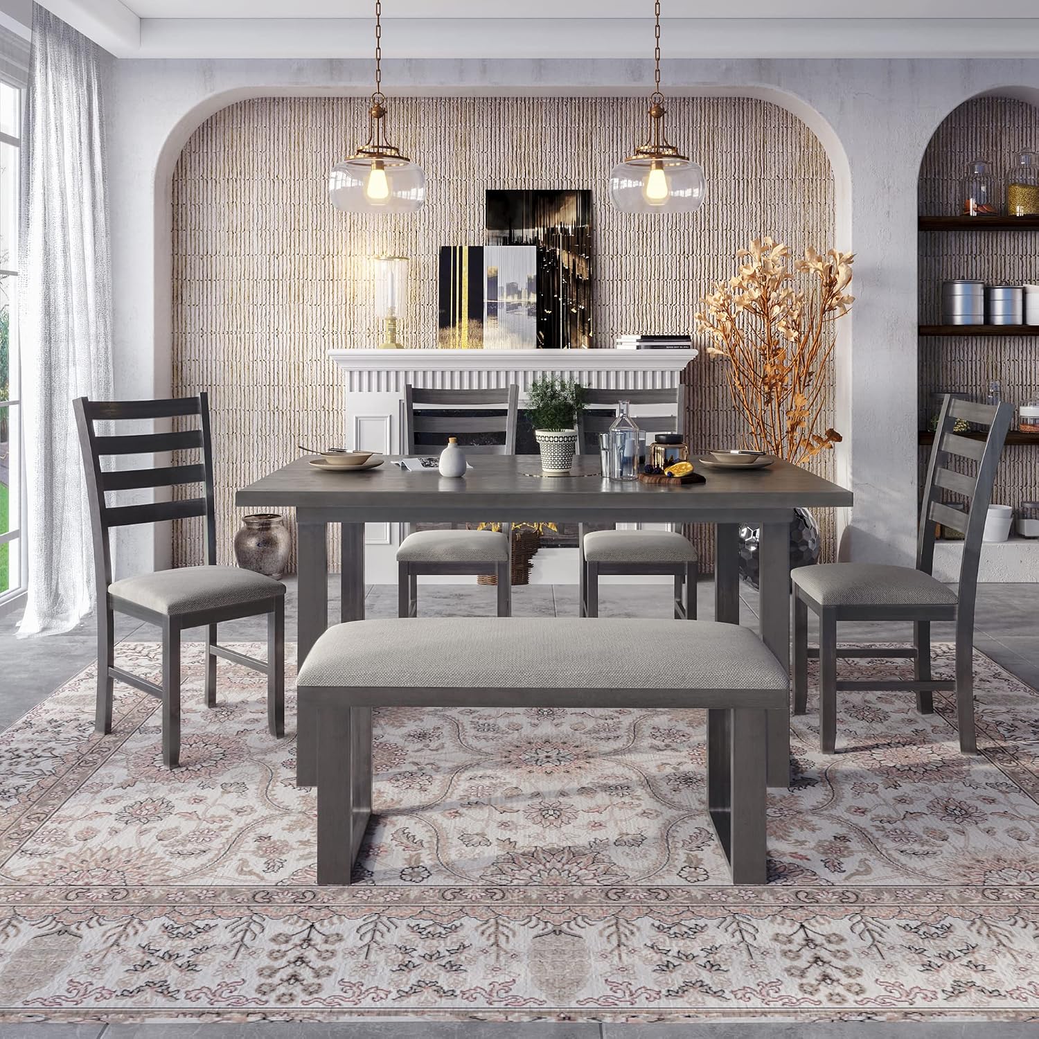 6 Piece Kitchen Dining Table Set with Rectangular Table and Comfortable Cushioned Seat, Farmhouse Rustic Wood Dining Room Set for 4-6 Persons, Dining Set for Family (Gray-1)