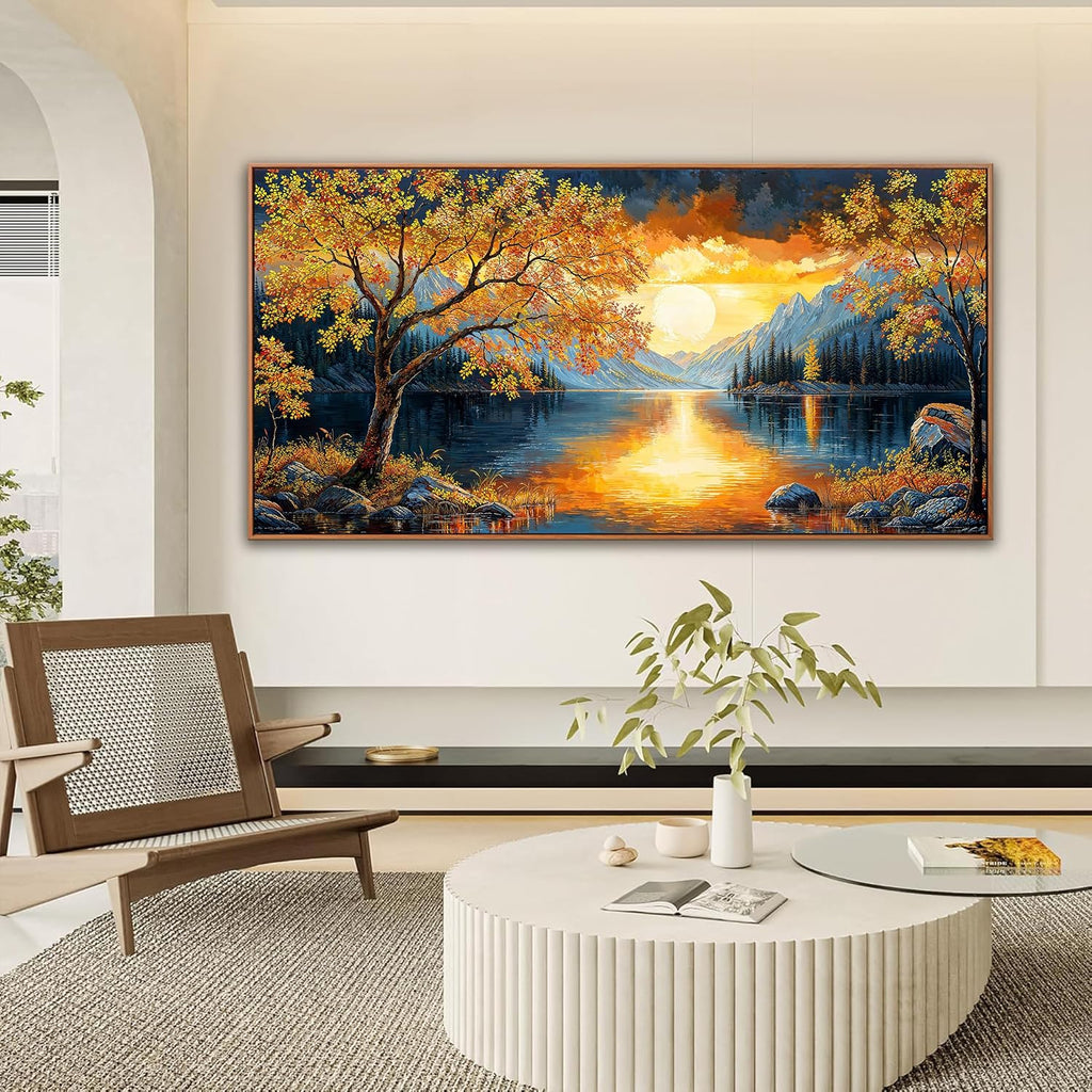 Large Wall Art For Living Room Canvas Art Wall Decor Modern Artwork Gold Tree River Sunrise Landscape Paintings Print Pictures For Bedroom Apartment Office Mural Aesthetic Artwork 29 X 58 In With Framed