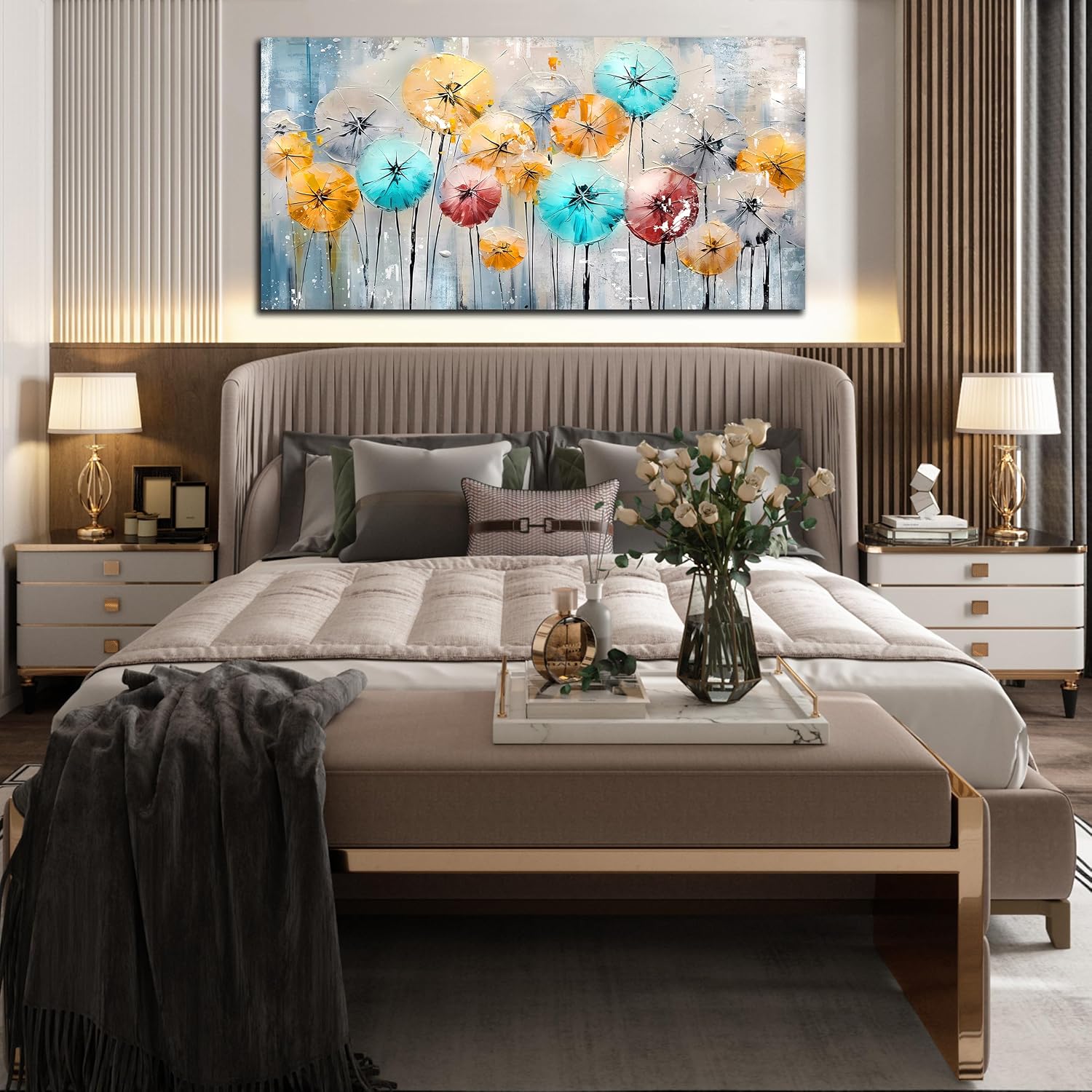 ENTANUB Dandelion Wall Art for Living Room, Flower Canvas Wall Picture for Bedroom, Colorful Print Painting Decor, Large Size 60x30 Inches