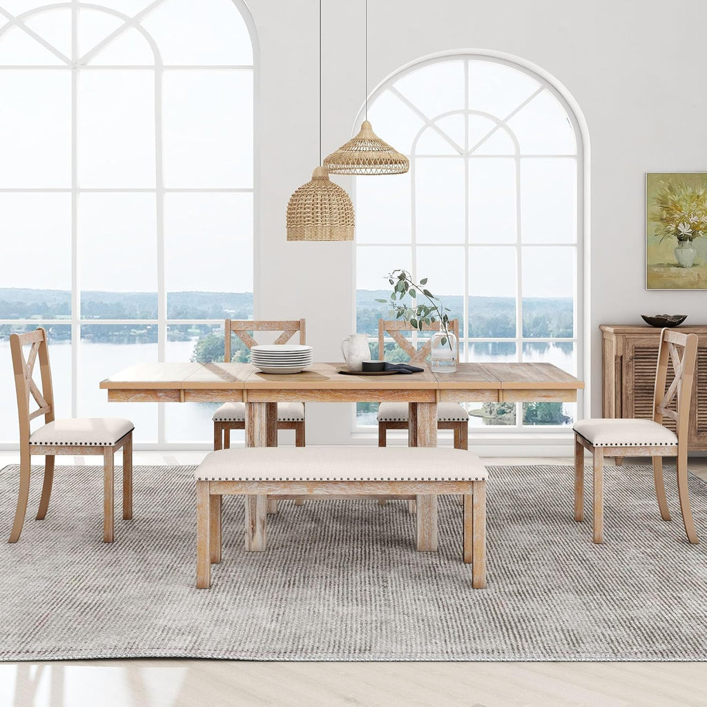 Farmhouse 6-Piece Extendable Dining Room Table Sets, Acacia Wood 82'' Dining Table with 2 Removable Leaf and Upholstered Dining Chairs& Bench, Soft Cushion with Rivet (Natural+Be)