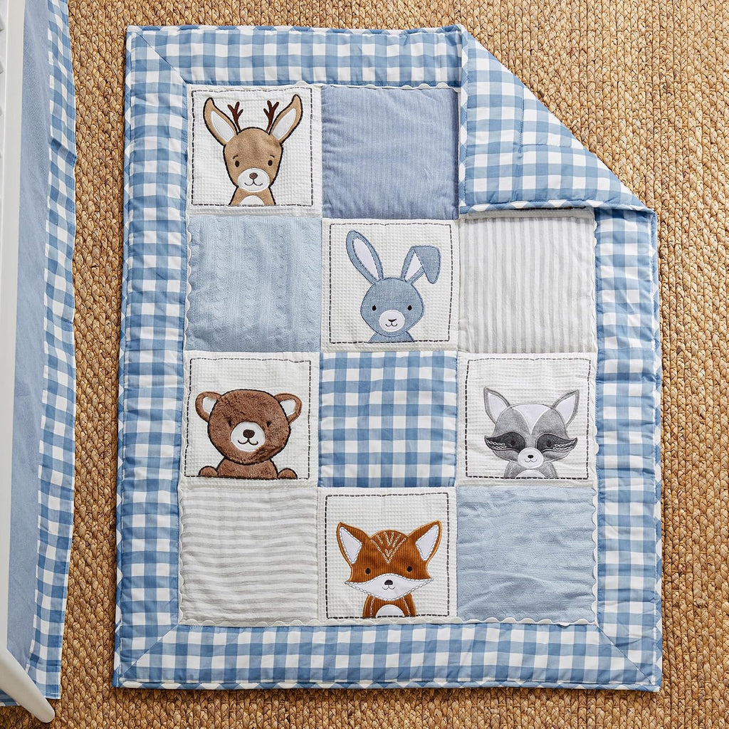 Levtex Baby - Forest Friends Crib Bed Set - Baby Nursery Set - Gingham - Blue and White - Animal Portraits - 5 Piece Set Includes Quilt, Two Fitted Sheets, Wall Decal & Skirt/Dust Ruffle
