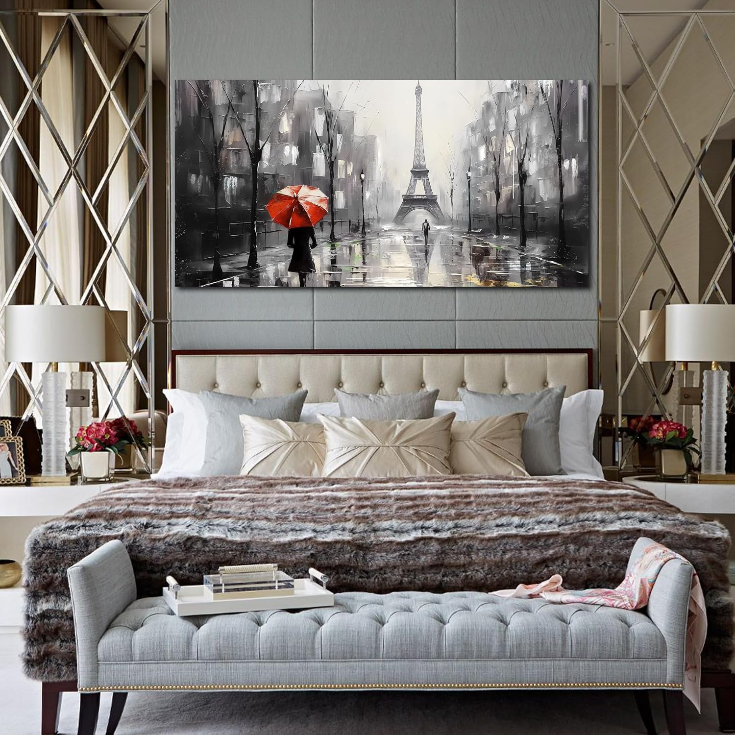 CANEITO Paris Wall Art for Living Room, Eiffel Tower Canvas Wall Decor for Bedroom, Black and White Picture Picture Print for Home Decoration, Large Size 29x59 Inches