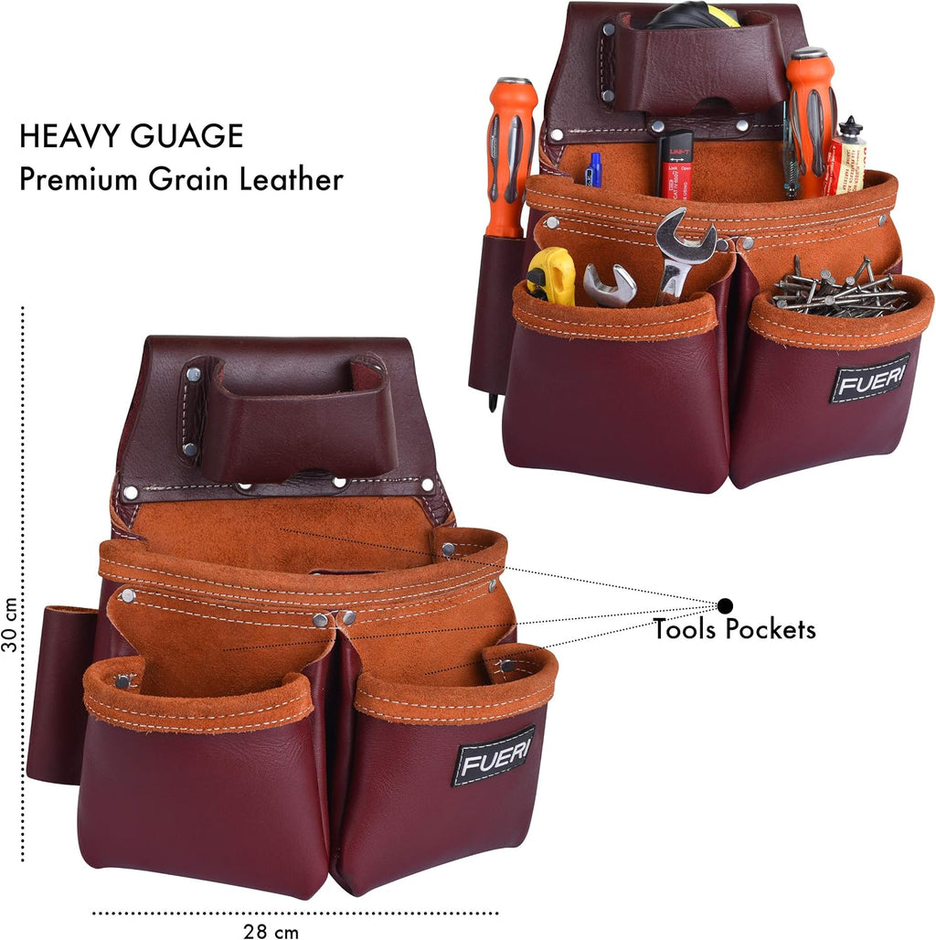 FUERI Leather Tool Belts for Men, Heavy-Duty Durable Carpenter Tool Rig Organizer With 19 Pockets-2 Pouches, Double Hammer Holder, Suspender Loops, And A Foam-Padded Belt for Framers, And Electricians