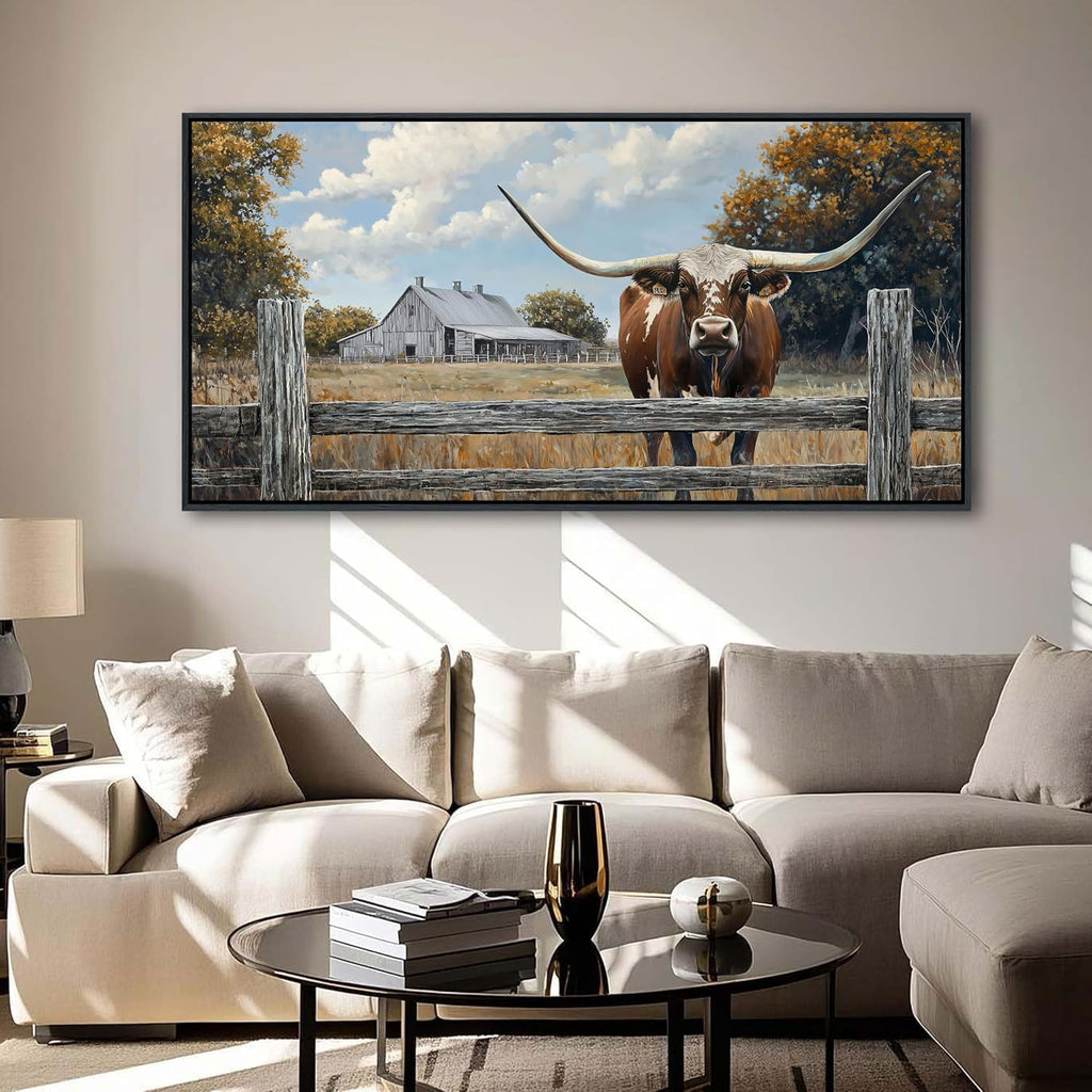 XLSJERST Rustic Wall Decor Poster 48x24 Inches - Longhorn Picture Farm Artwork Canvas Picture Brown Cow Wall Art for Living Room Guest Bath Decoration