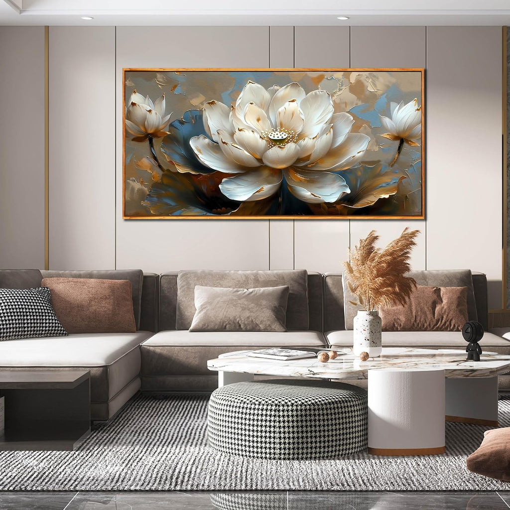 White Lotus Painting Wall Art for Living Room - Gold Flower Wall Decor for Office - Framed Wall Art for Bedroom Size 29' x 59'