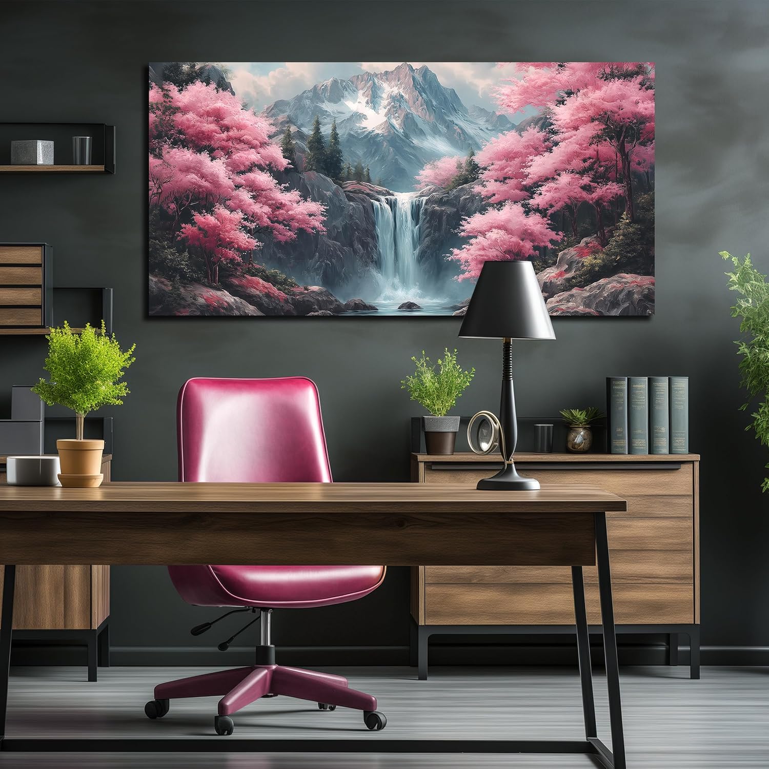 Natural Landscape Pictures for Living Room Mountain Waterfall Pink Tree Wall Decoration,Large Wall Art for Office Ready to Hang 29 x 58 Inch