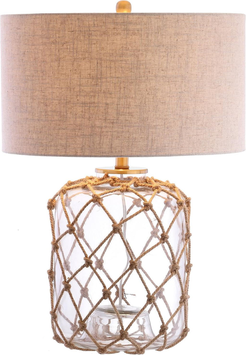 JONATHAN Y 26.5' Brown/Clear Glass and Rope Coastal LED Table Lamp, Nautical Jute Net Lamp for Living Room Bedroom Nightstand, Gray Linen Drum Shade, LED Bulb Included JYL5033A