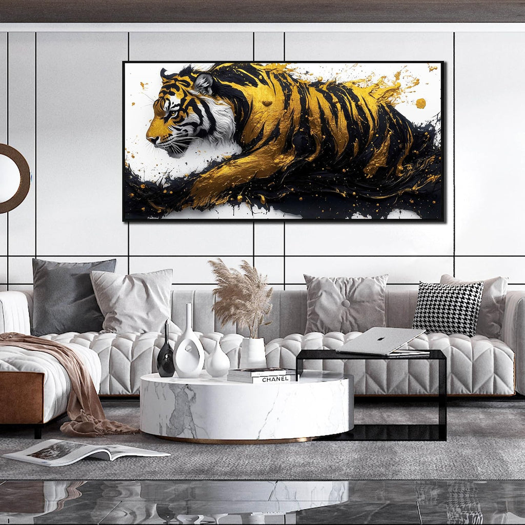 Tiger Art Wall Decor for Living Room - Modern Black and Gold Wall Decor for Bedroom - Large Framed Wall Art for Office Size 29' x 59'