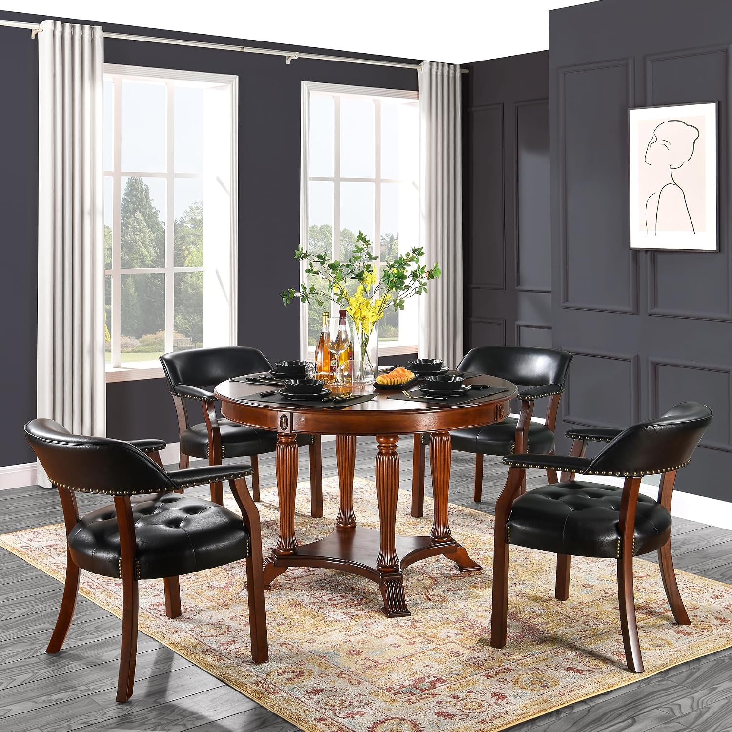 Set of 2 Solid Wood Dining Chairs with Upholstered,Office Desk Chair with Arms. Faux Leather Boss Captain's Chairs,Classic Accent Chairs for Living Room Cherry Walnut Legs & Black NX173D