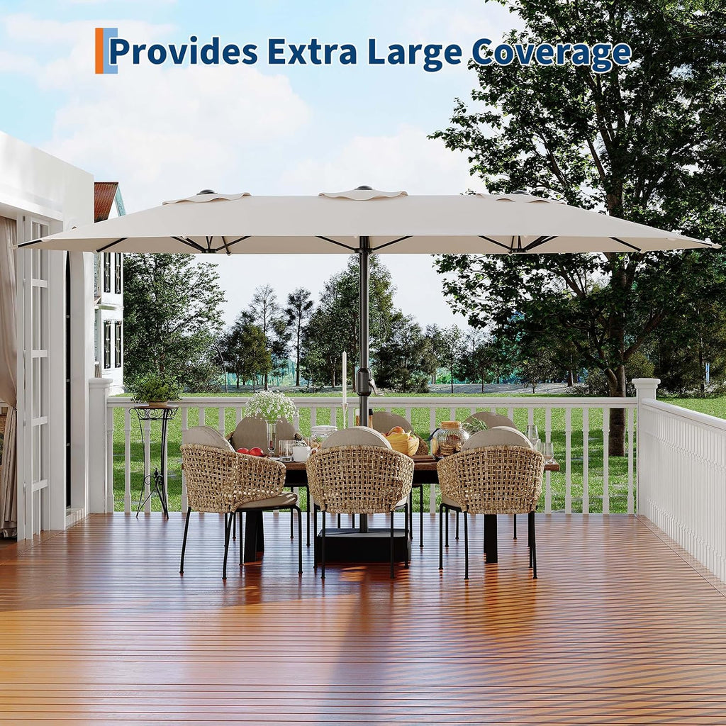 Garvee 15 ft Rectangular Patio Umbrella with Base Included - Large Patio Umbrella with Crank Handle, UV Protection for Outdoor Market, Backyard, Pool - Beige