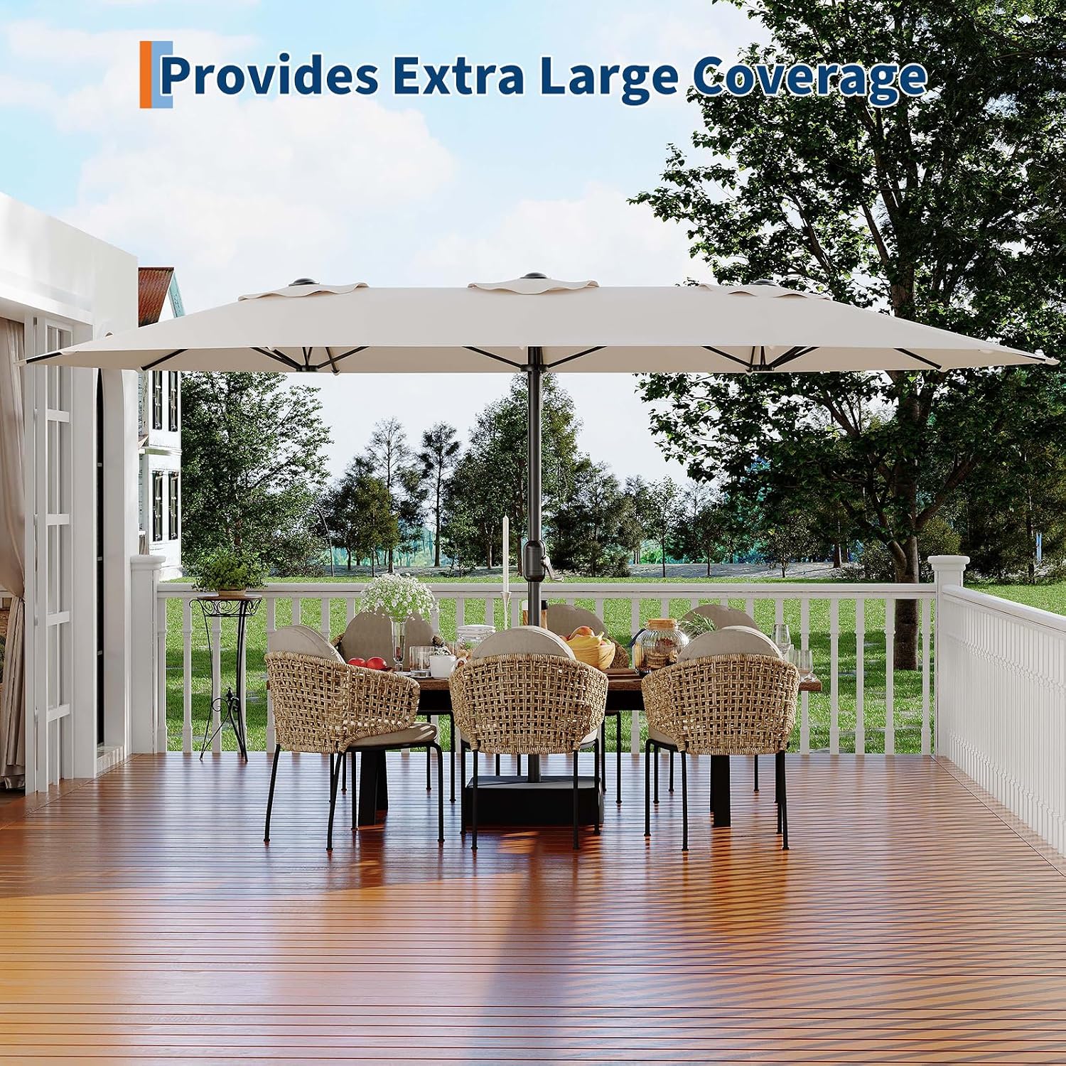 Garvee 15 ft Rectangular Patio Umbrella with Base Included - Large Patio Umbrella with Crank Handle, UV Protection for Outdoor Market, Backyard, Pool - Beige