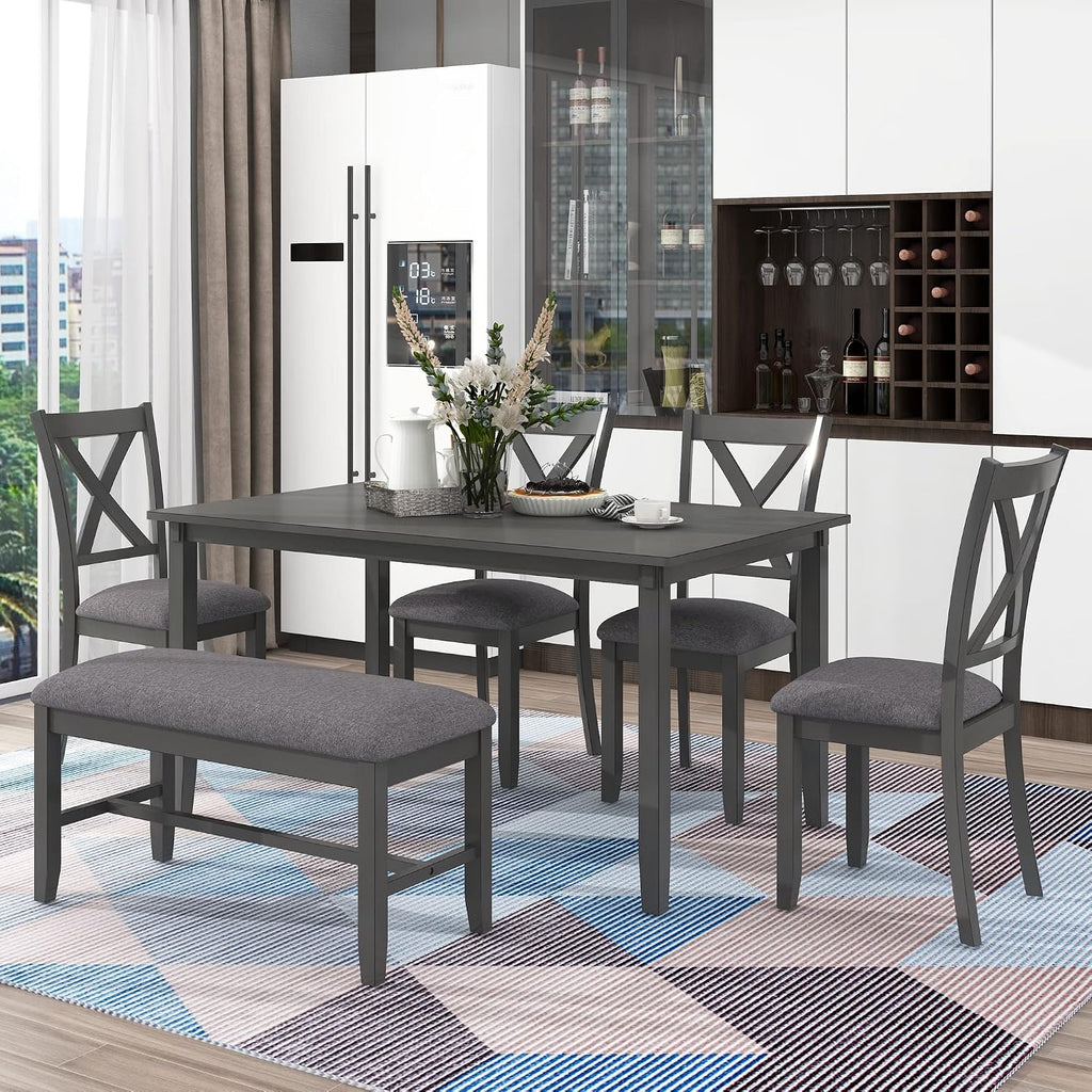 6-Piece Dining Room Table Set, Rustic Farmhouse Wood Dining Table Set with Rectangular Table 4 Upholstered Padded Chairs and 1 Padded Bench, Dining Set for Family of 4-6 People (Grey)