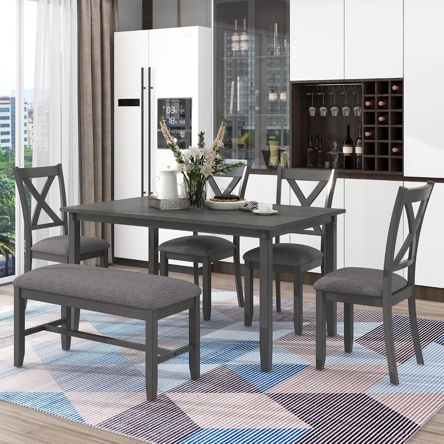6-Piece Dining Room Table Set, Rustic Farmhouse Wood Dining Table Set with Rectangular Table 4 Upholstered Padded Chairs and 1 Padded Bench, Dining Set for Family of 4-6 People (Grey)