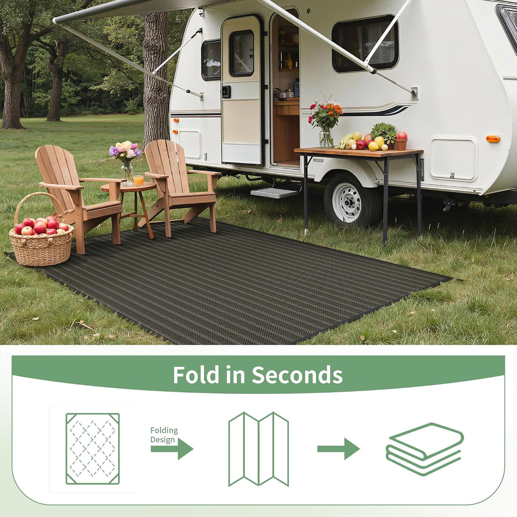 GENIMO Outdoor Rug 10x14 ft Waterproof, Reversible Plastic Straw Patio Rug for RV Camping Mat, Deck, Backyard Balcony Mat - Lightweight & Easy to Clean, Black & Brown