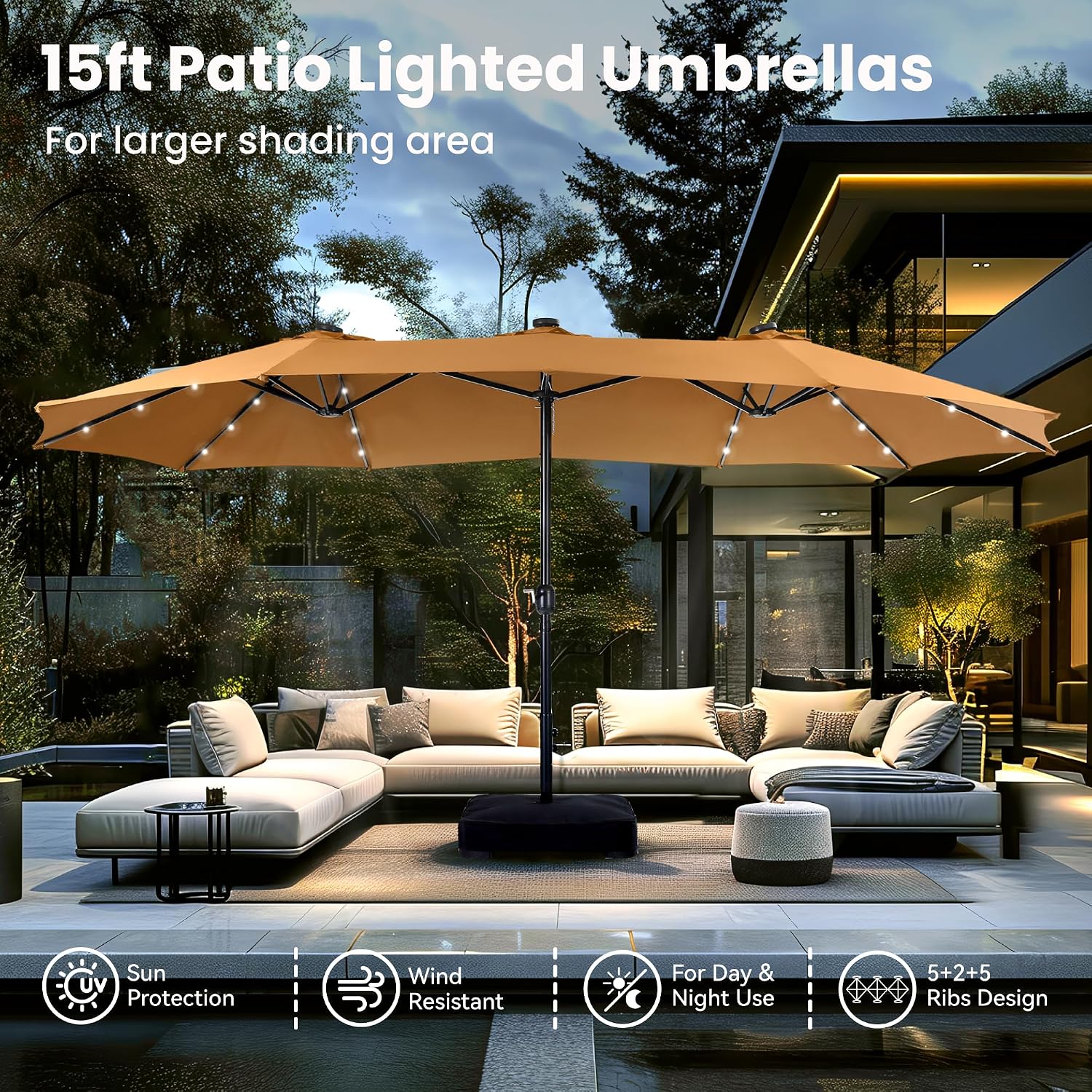 PHI VILLA 15ft Large Patio Umbrella with Solar Lights, Double-Sided Outdoor Market Rectangle Umbrellas with 36 LED Lights, Umbrella Base (Stand) Included, Tawny