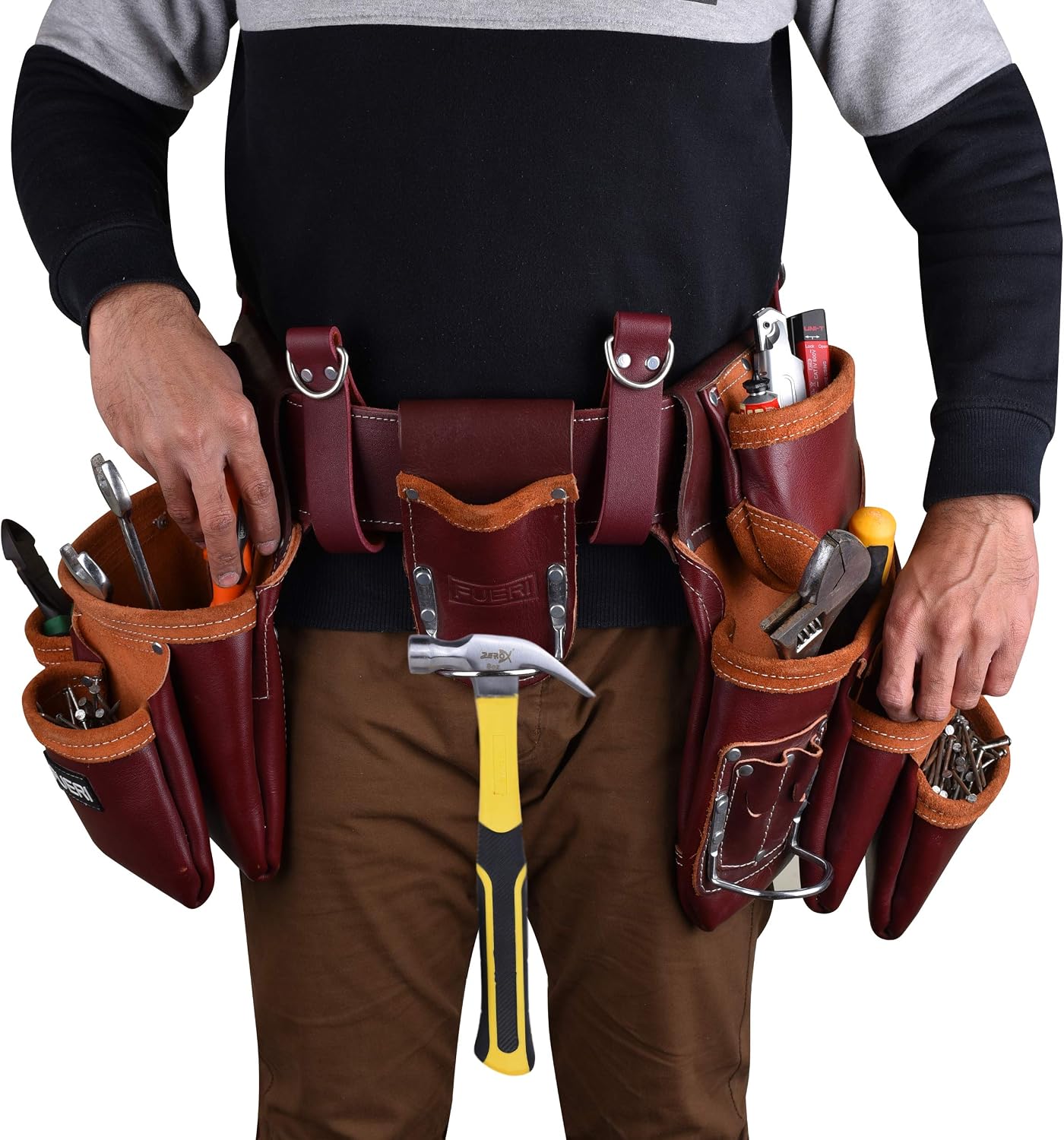 FUERI Leather Tool Belts for Men, Heavy-Duty Durable Carpenter Tool Rig Organizer With 19 Pockets-2 Pouches, Double Hammer Holder, Suspender Loops, And A Foam-Padded Belt for Framers, And Electricians