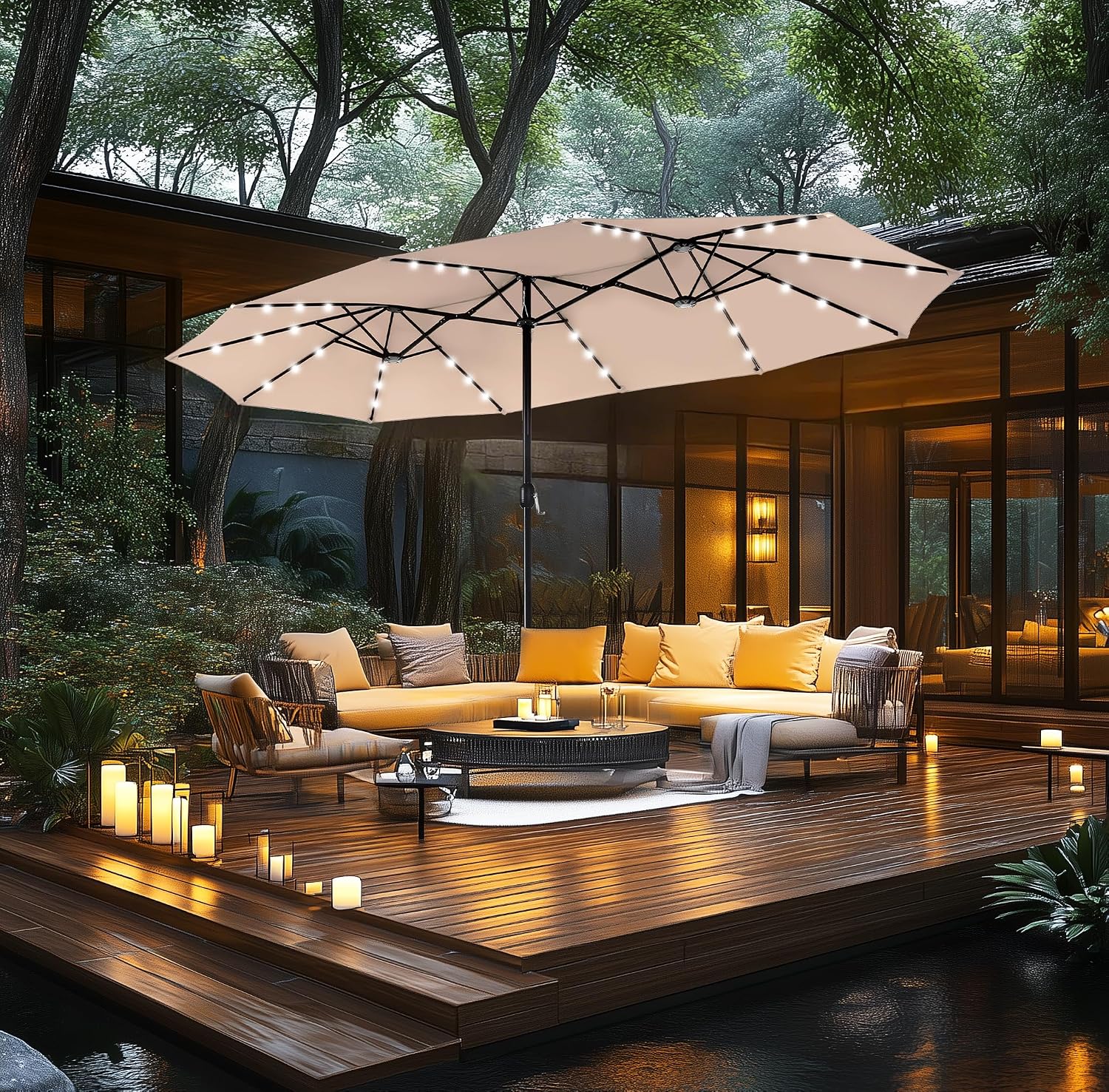 MFSTUDIO 15ft Double Sided Patio Umbrella with Solar Lights, Outdoor Large Umbrellas with Crank Handle and 36 LED Lights, Rectangular Market Umbrella with Base Included for Deck Pool Shade, Beige