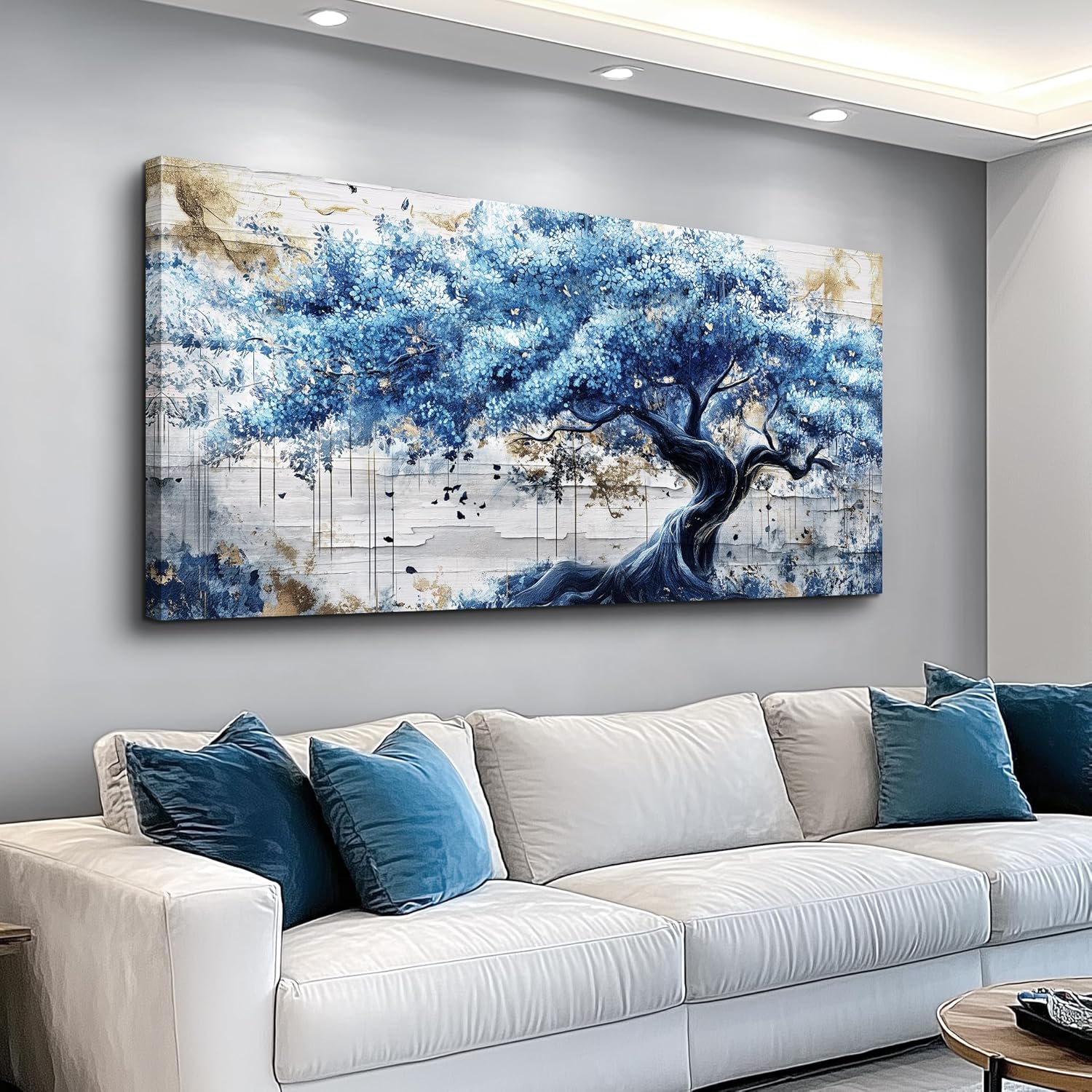 ERQINHUA Large Canvas Wall Decor For Living Room Wall Art For Bedroom Office Decor Blue Tree Wall Paintings Farmhouse Abstract Watercolour Pictures Artwork Home Decor Ready To Hang Posters 30'X60'