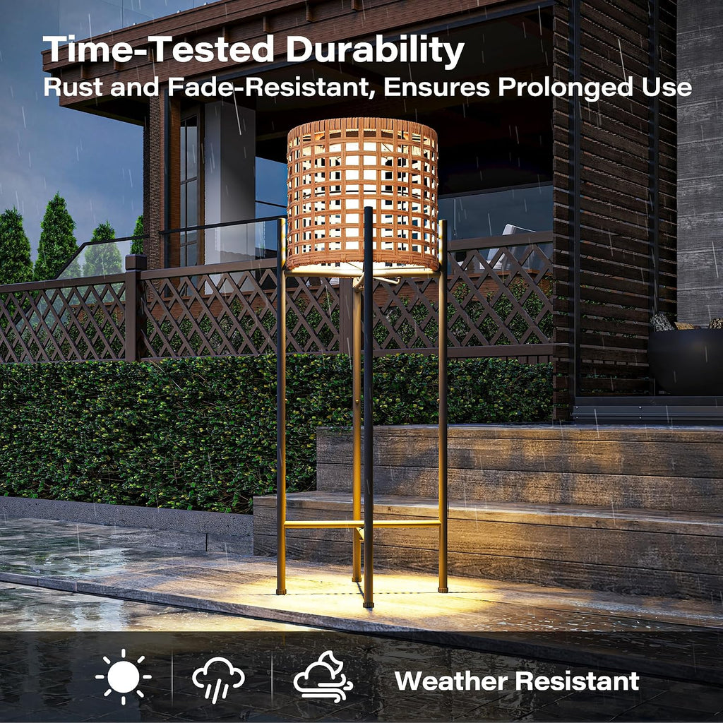 LAUSAINT HOME Solar Powered Outdoor Floor Lamp with Auto On/Off LED Light, Waterproof Wicker Patio Floor Lights, Boho Rattan Floor Lantern (2 Floor Lamps)